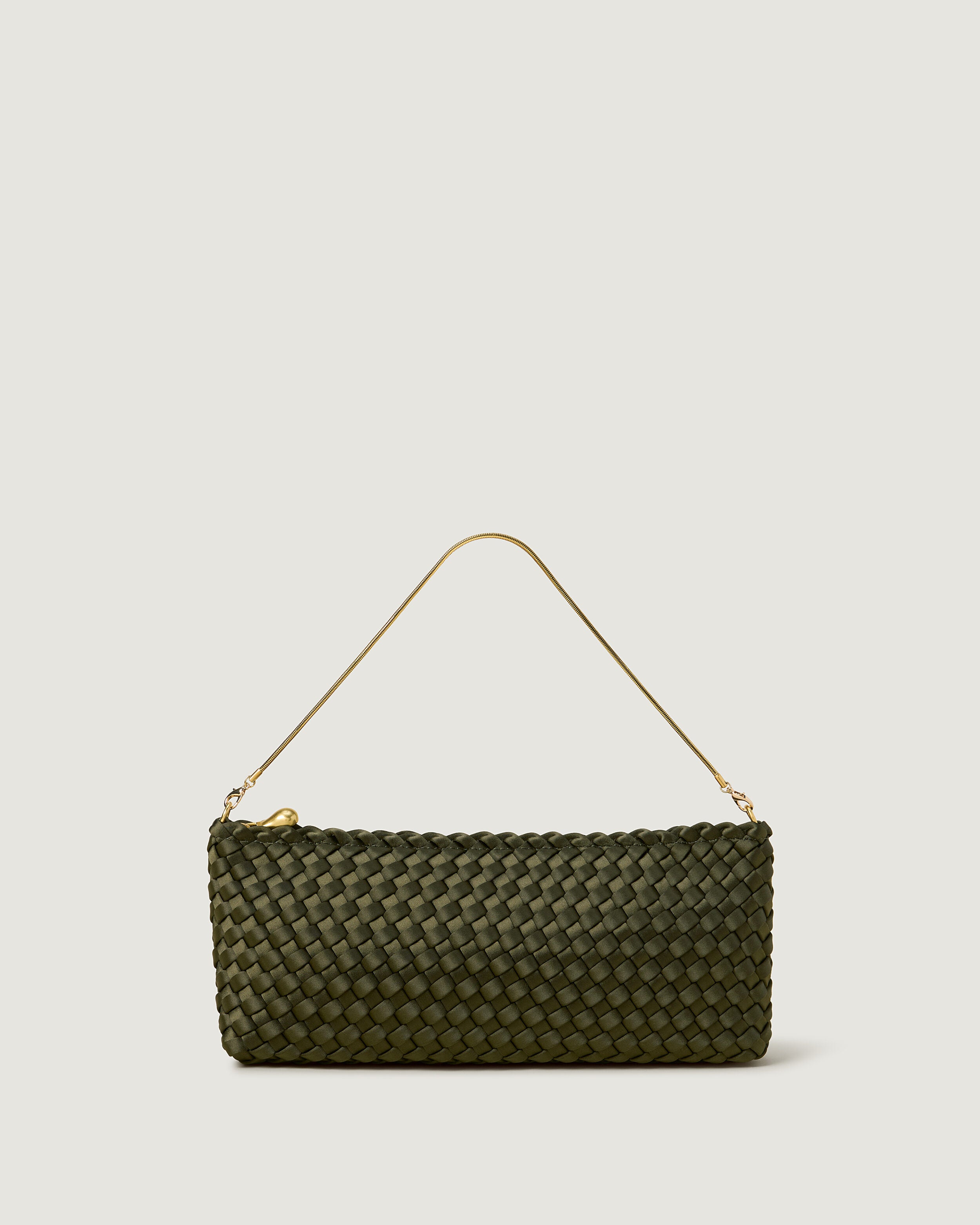 Gala Clutch in Juniper, a forest green  tone, in handwoven neoprene, featuring a top zip closure.