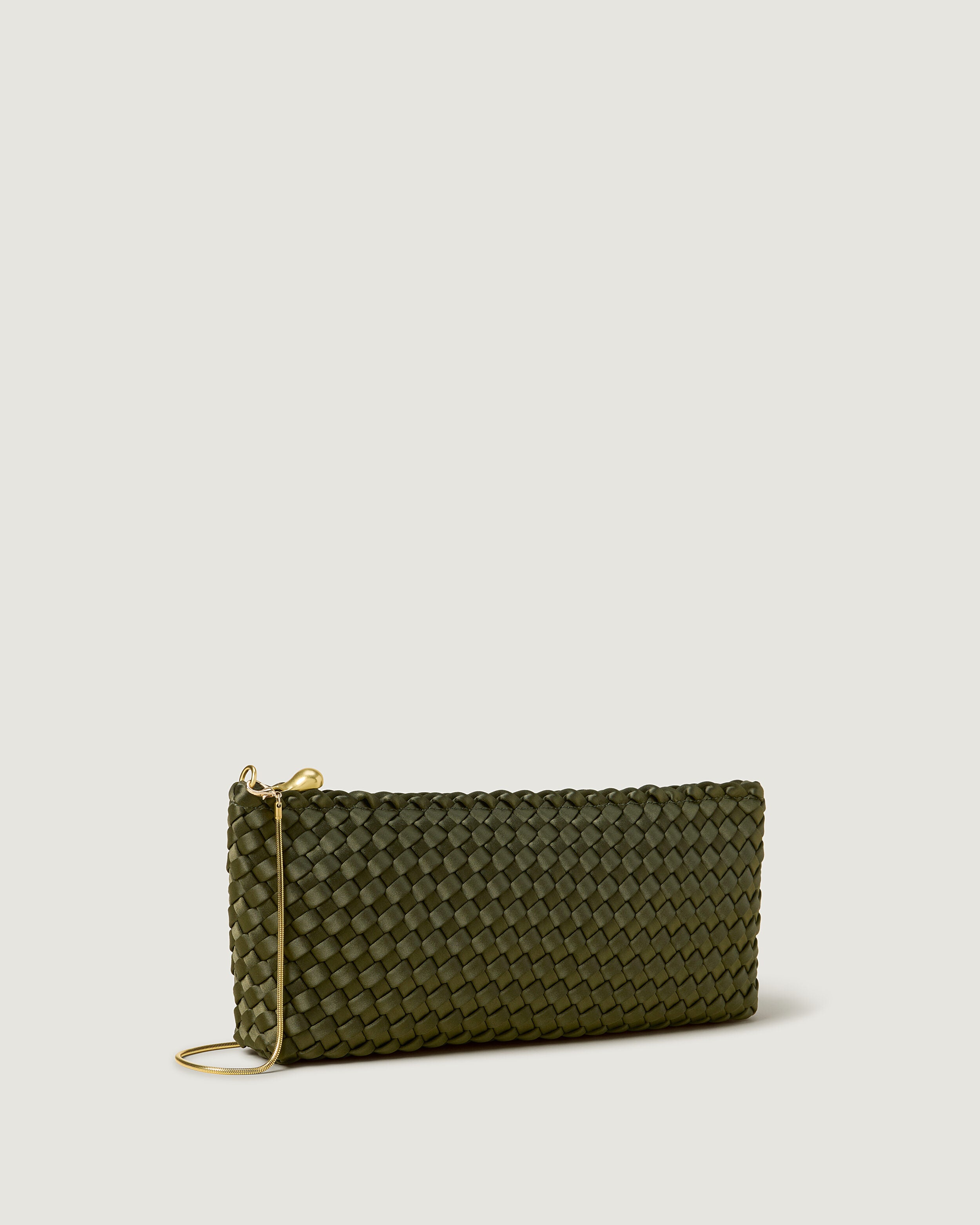 Gala Clutch in Juniper shown from a side angle, highlighting its handwoven neoprene construction and top zip closure.