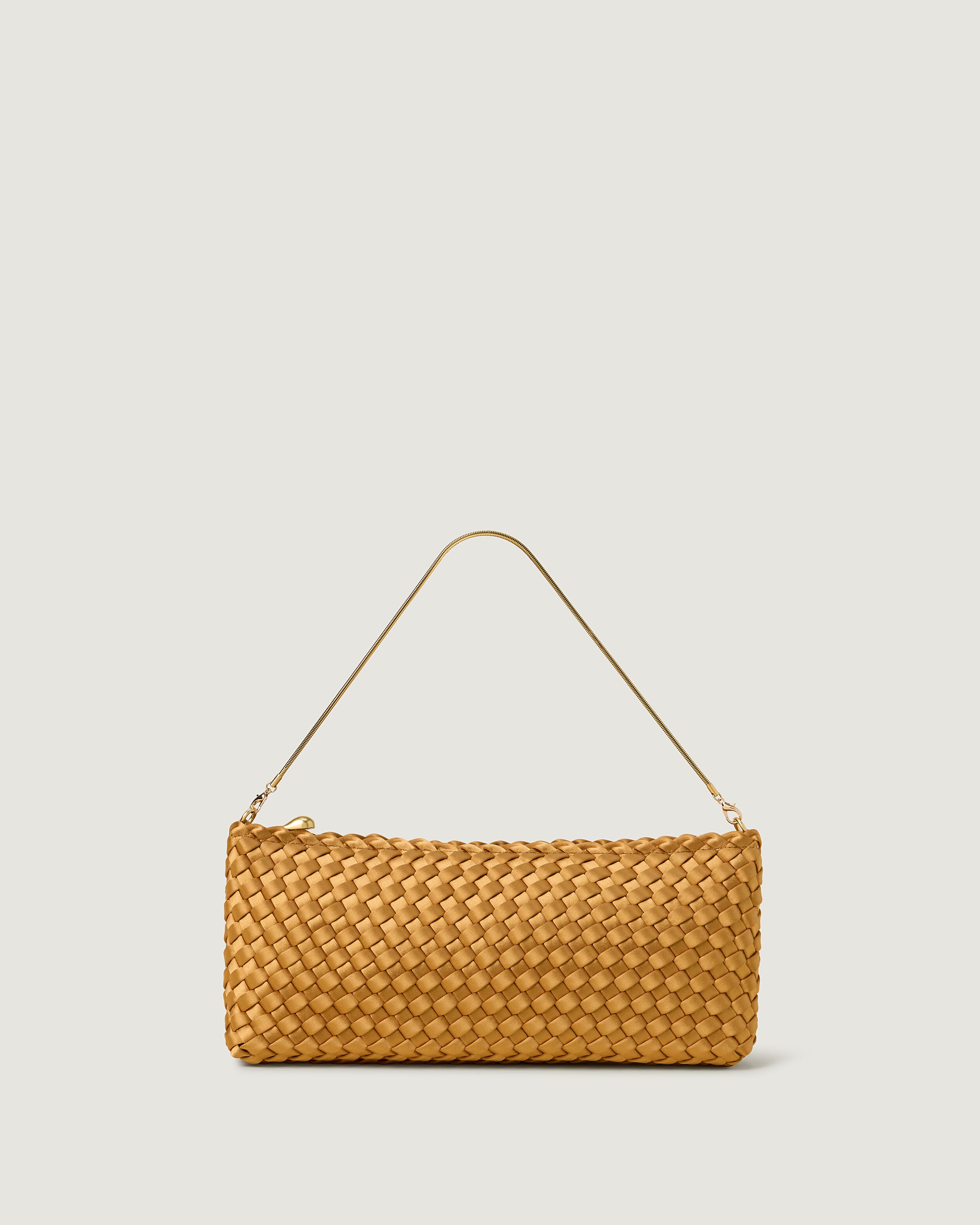 Gala Clutch in Ore, a golden yellow tone, in handwoven neoprene, featuring a top zip closure.