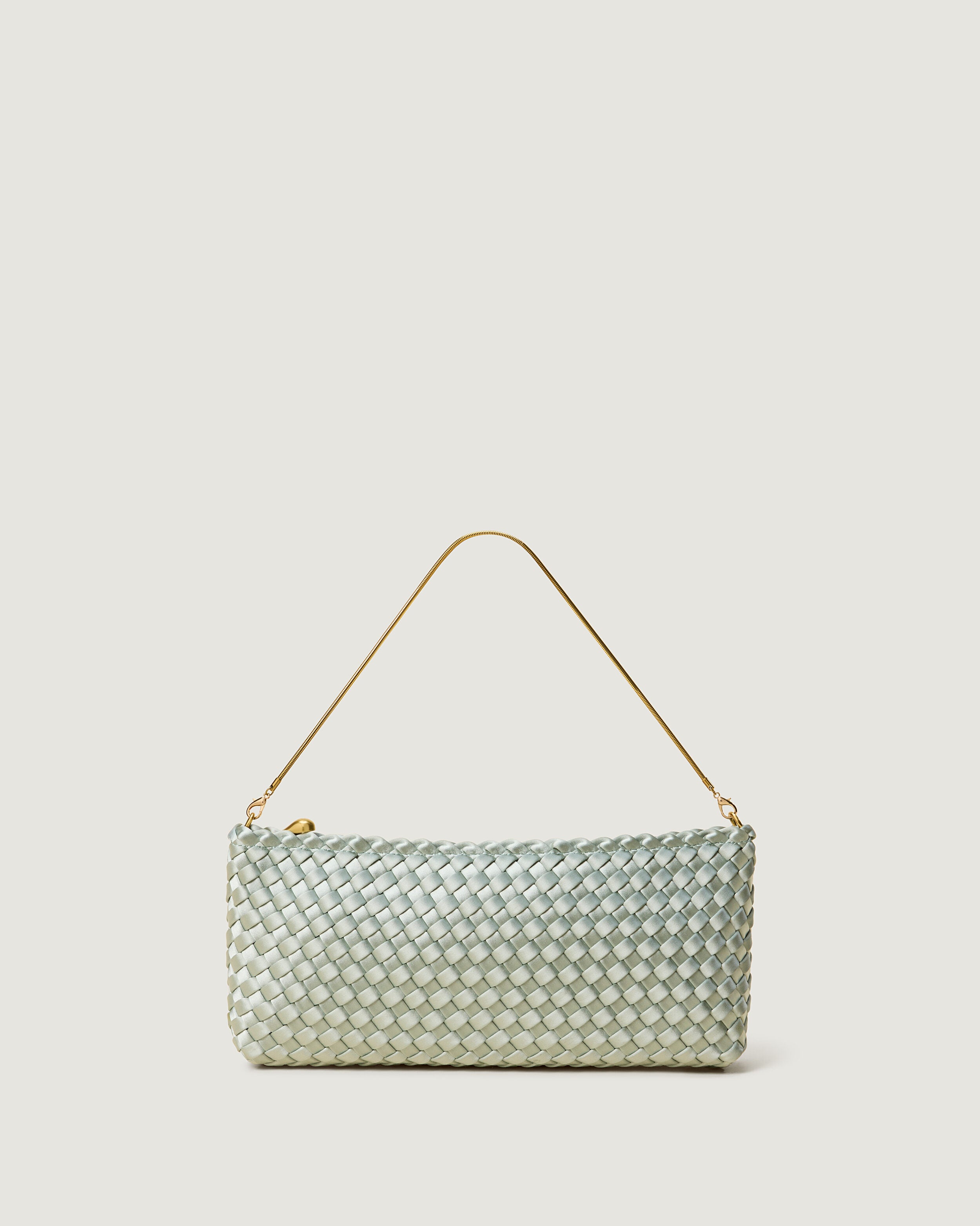 Gala Clutch in Wintergreen, an aqua green tone, in handwoven neoprene, featuring a top zip closure.