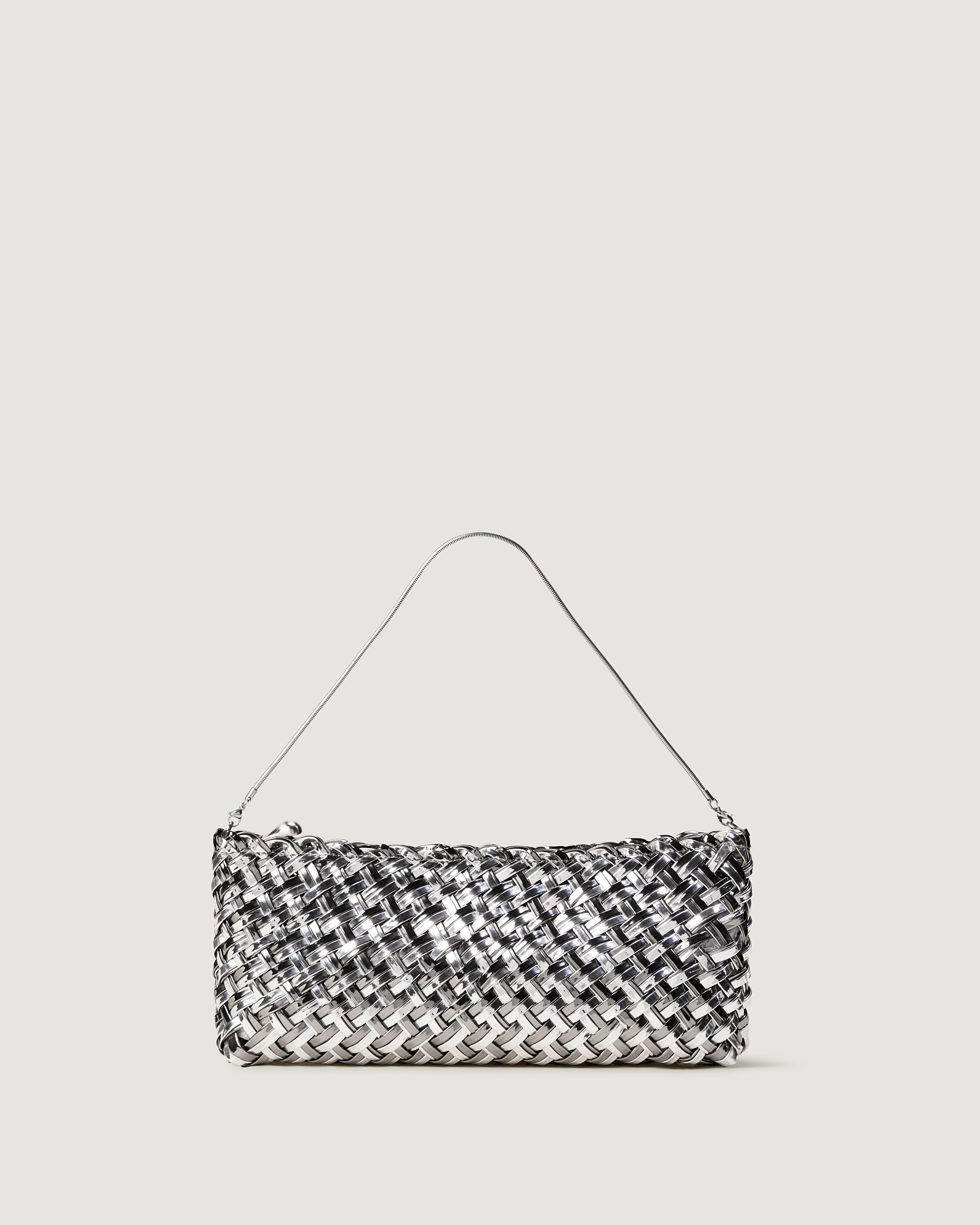 Gala Clutch in Pewter, a metallic-coated nylon, featuring a top zip closure.