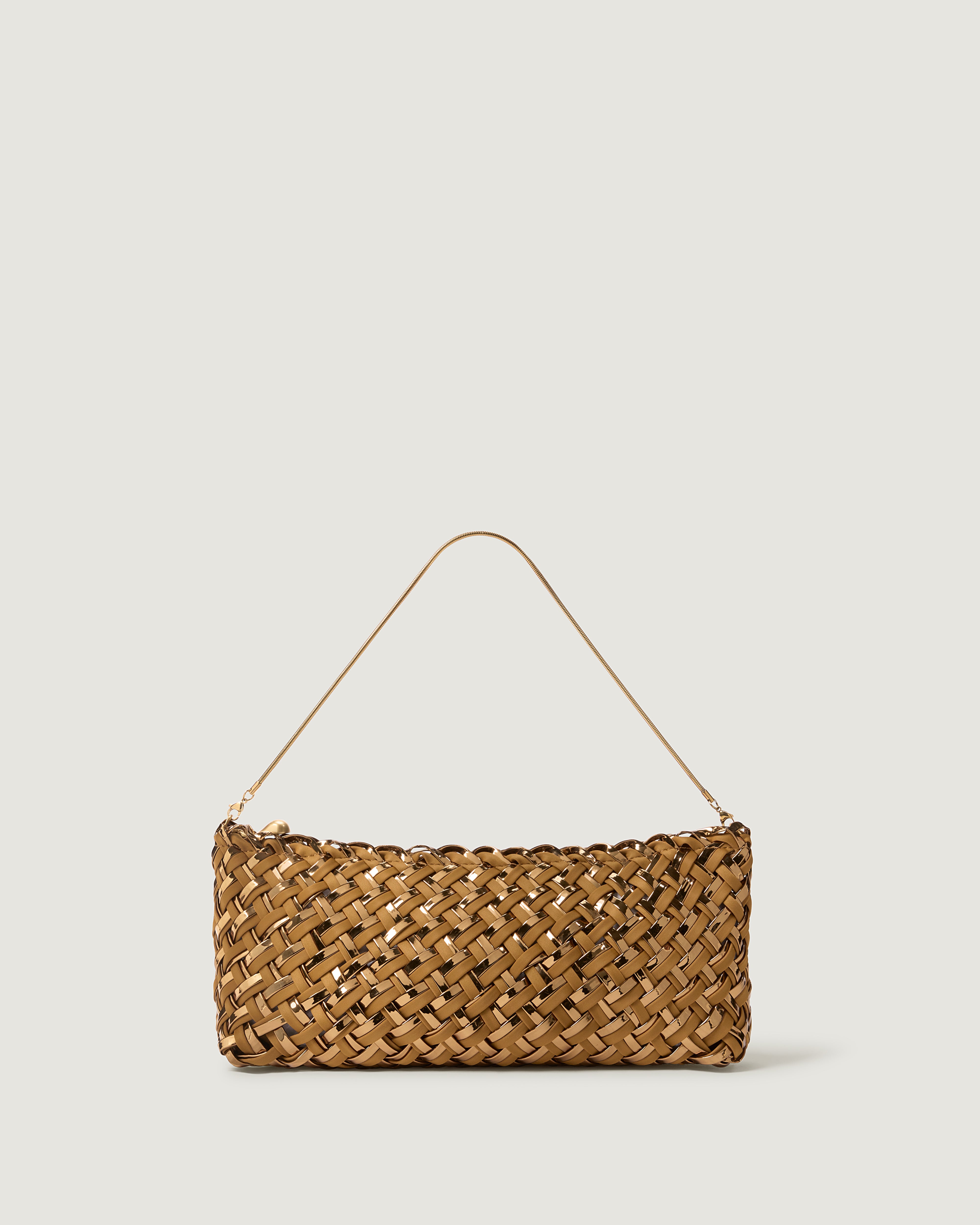 A handwoven neoprene and satin shoulder bag in a gold color, featuring a baguette body.