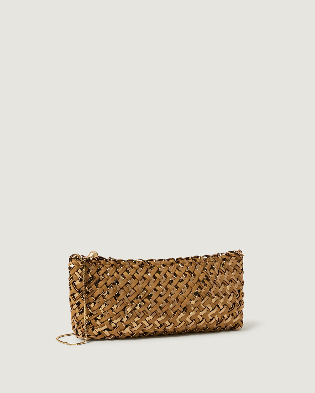 A handwoven neoprene and satin clutch bag in a warm gold color, featuring a textured woven pattern and a gold-toned zipper pull.
