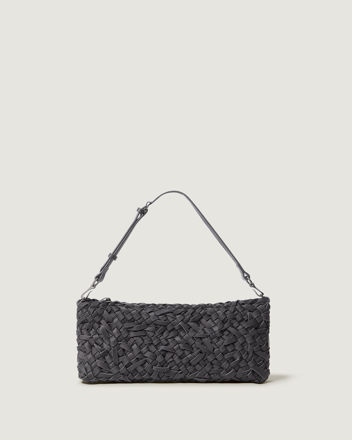 Handwoven neoprene shoulder bag in ash gray color with a crosshatch nest weave pattern and silver hardware