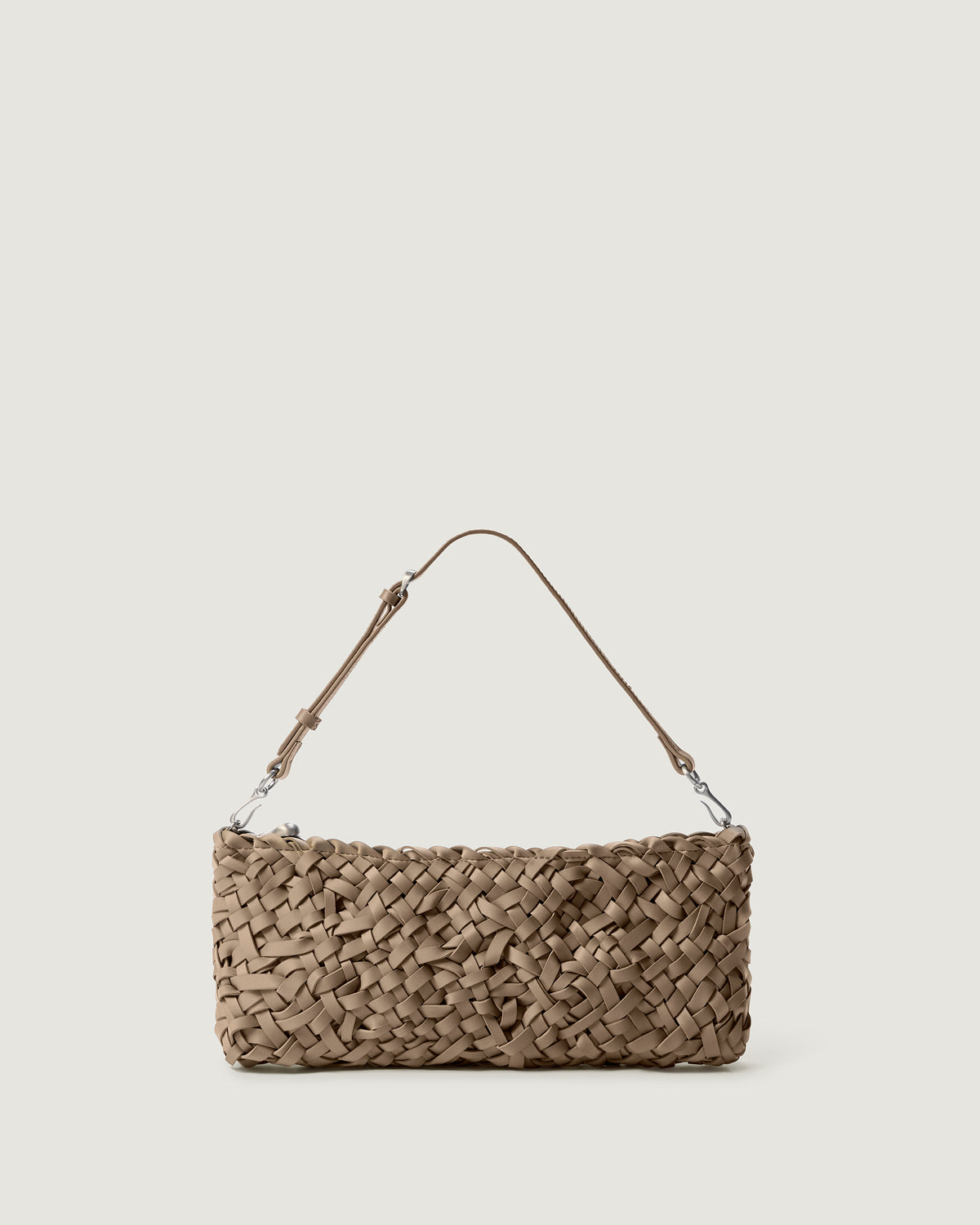 Handwoven neoprene shoulder bag in cool taupe color with a crosshatch nest weave pattern and silver hardware