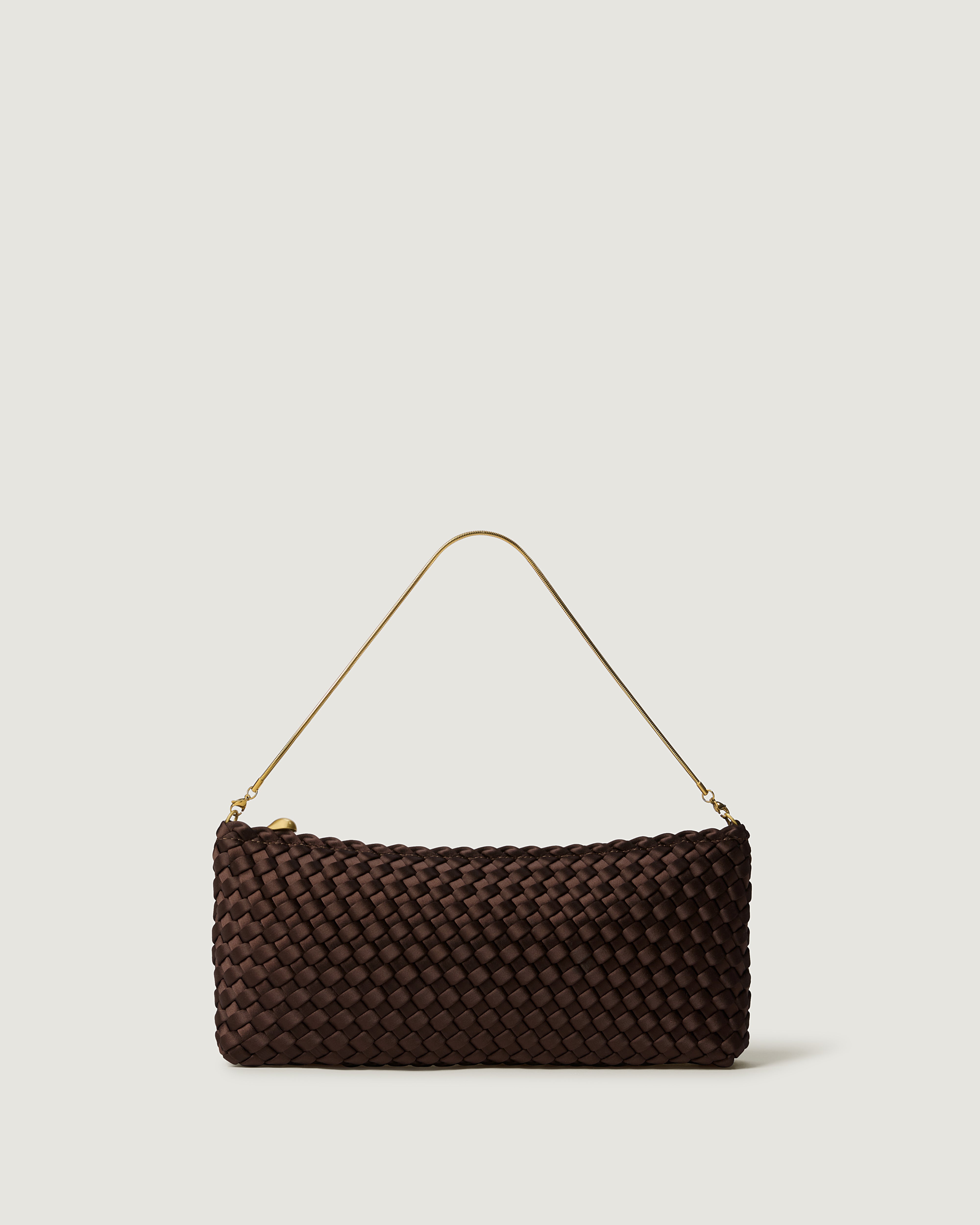 A handwoven satin neoprene shoulder bag in chocolate brown with a thin gold metal chain strap.