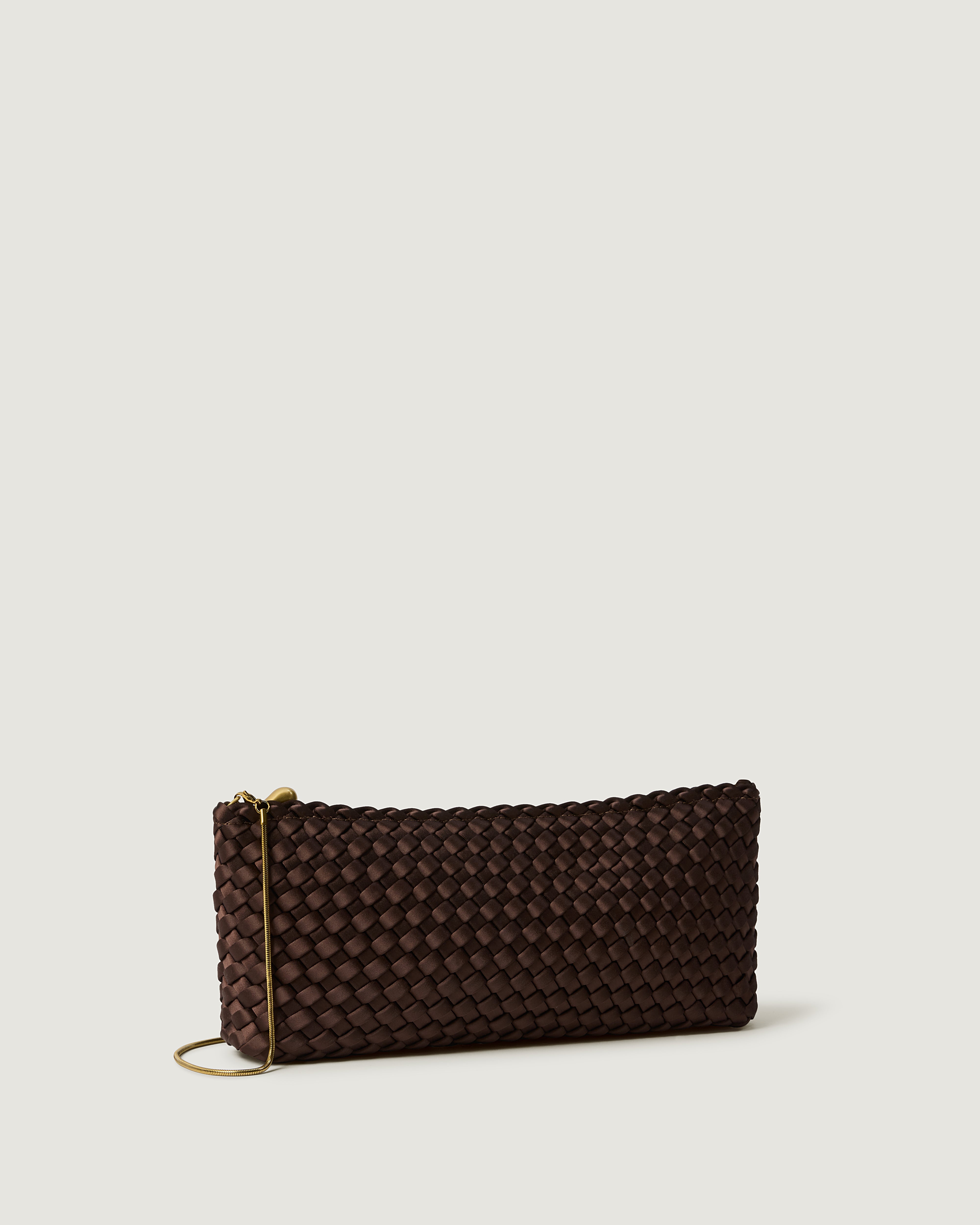 A handwoven satin neoprene shoulder bag in chocolate brown with a thin gold metal chain strap.