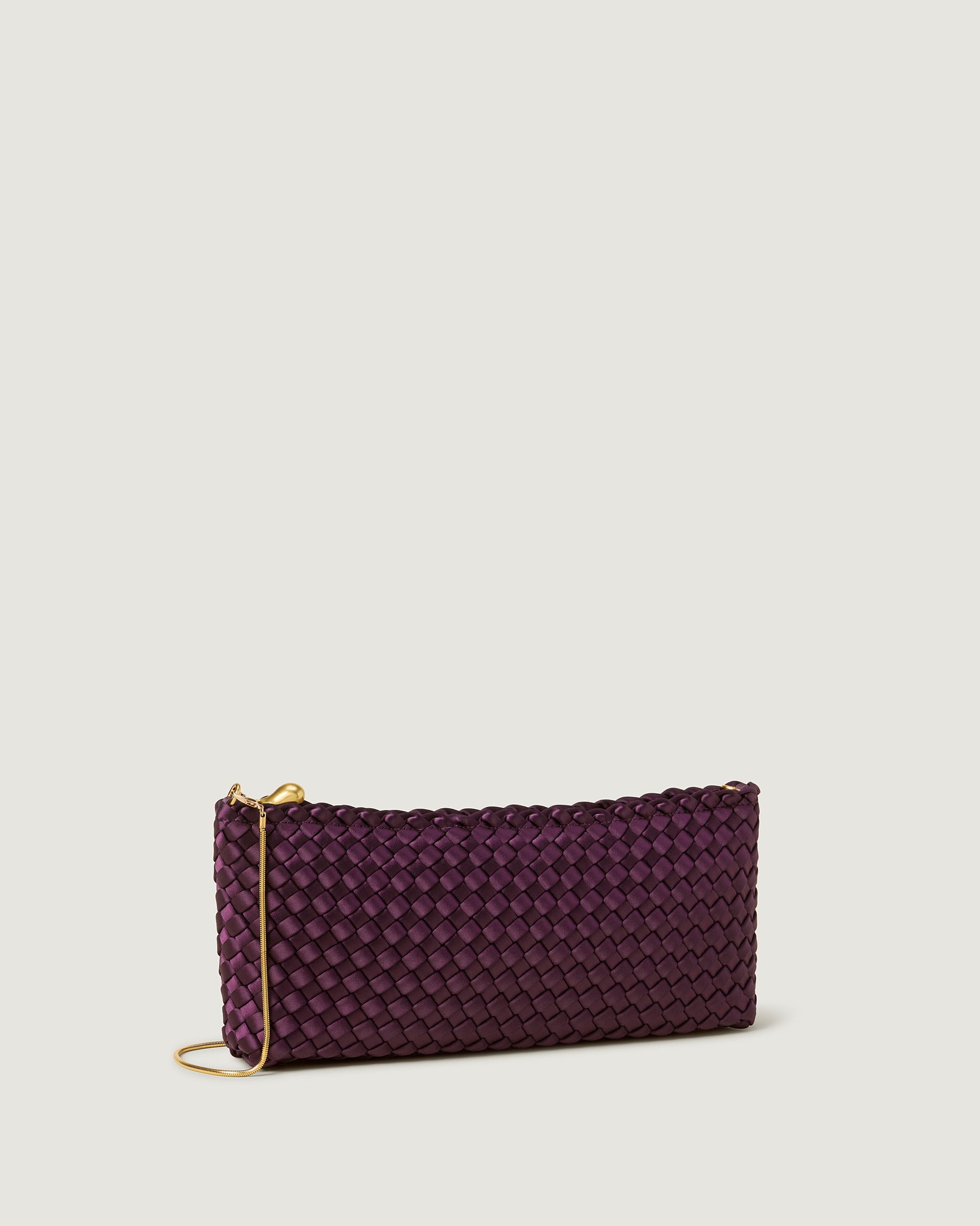 Gala Medium Satin Clutch Bag in Currant shown from a side angle, highlighting its handwoven neoprene and top zip closure.