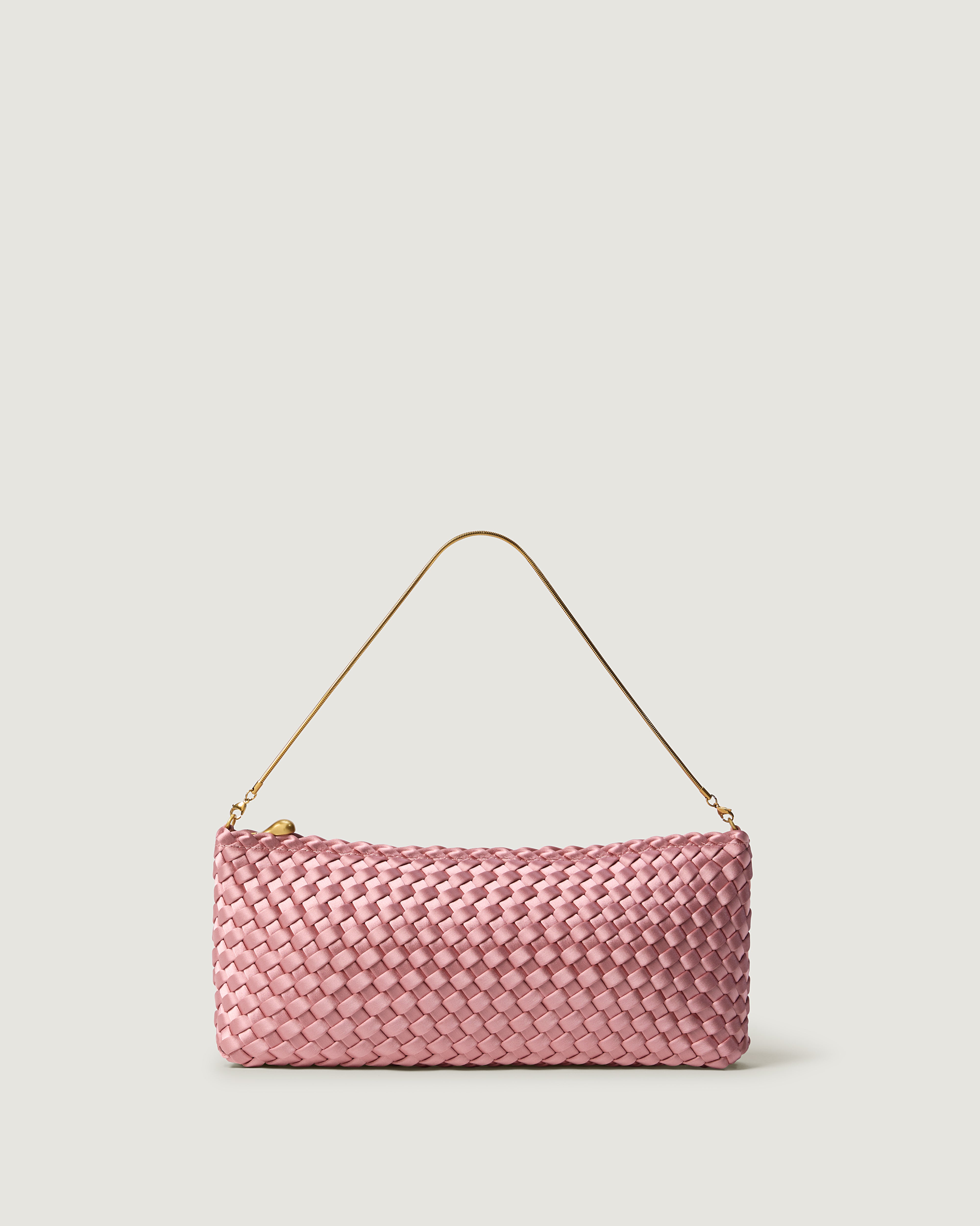 A handwoven satin neoprene shoulder bag in pink with a thin gold metal chain strap.