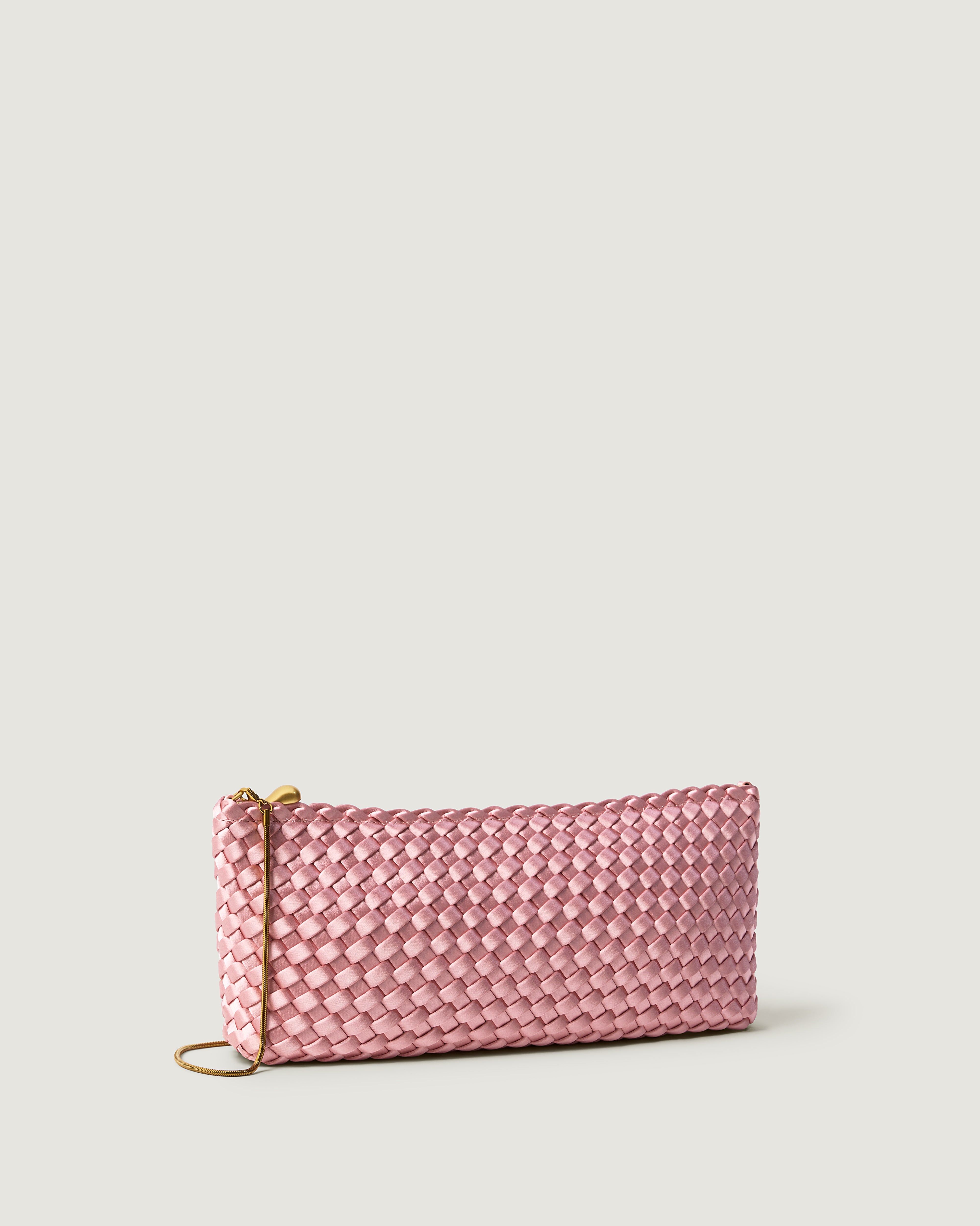 A handwoven satin neoprene shoulder bag in pink with a thin gold metal chain strap.
