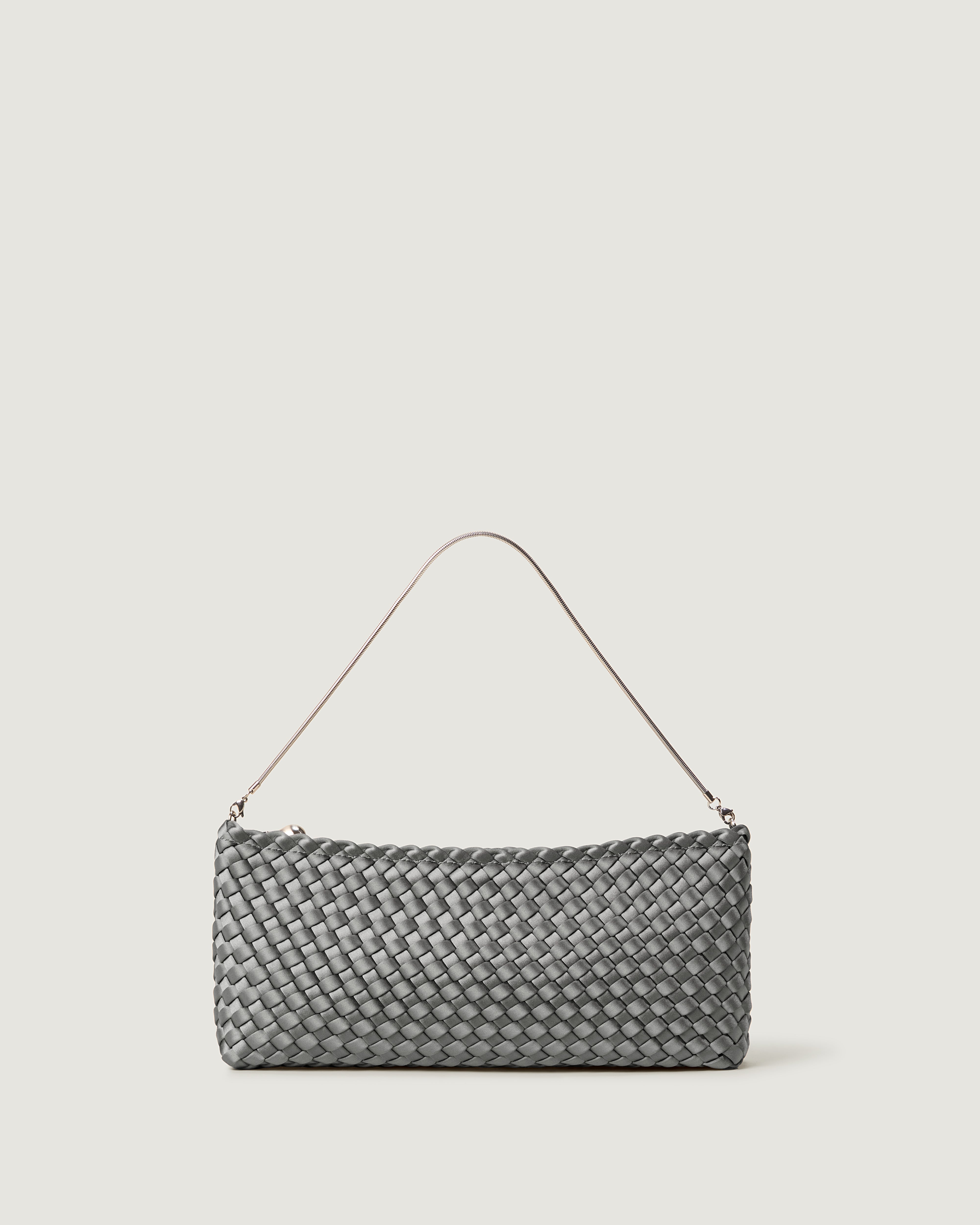 Gala Clutch in Graphite, a dark blue grey tone, in handwoven satin, featuring a top zip closure.