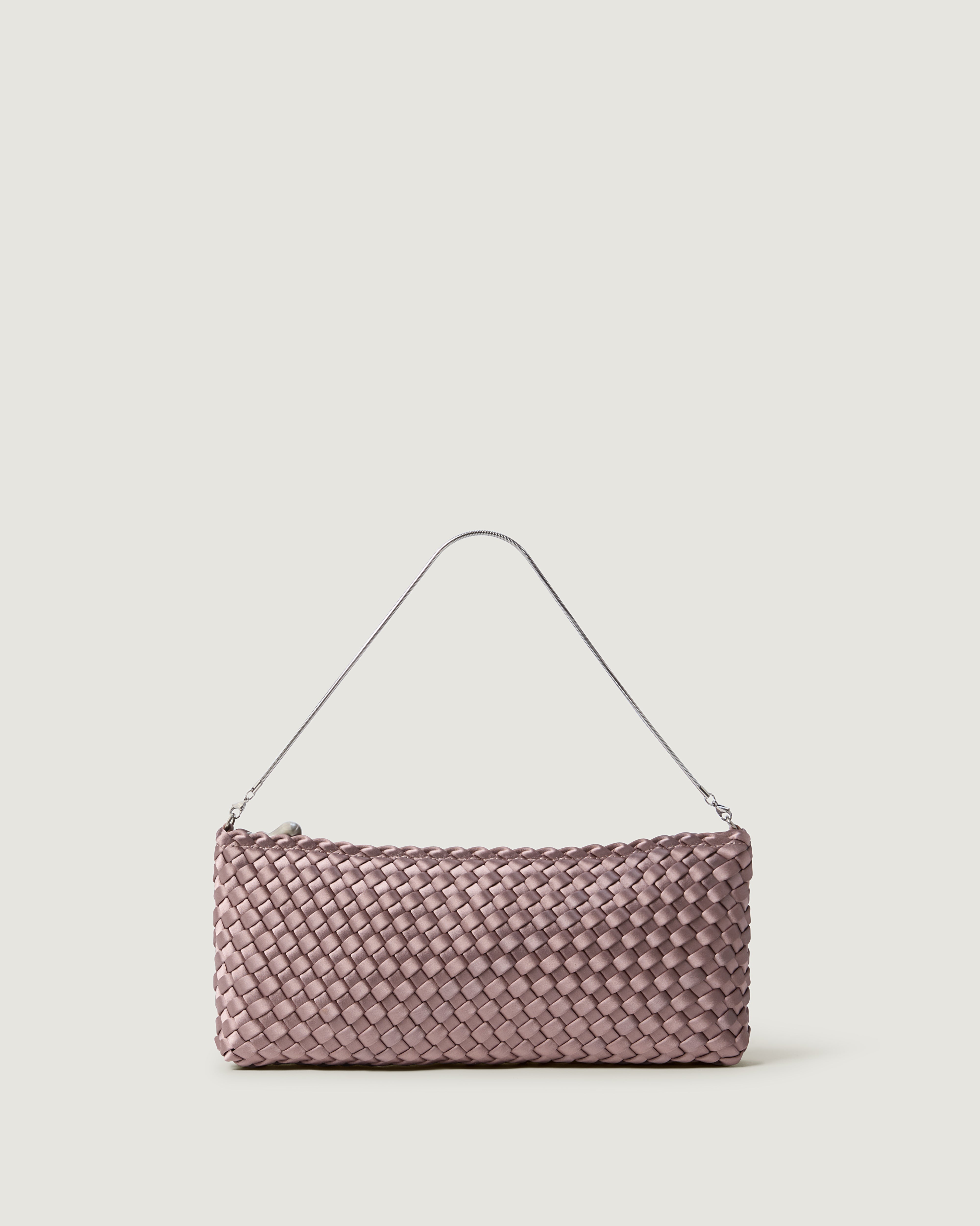 A handwoven satin neoprene shoulder bag in lavender with a thin silver metal chain strap.
