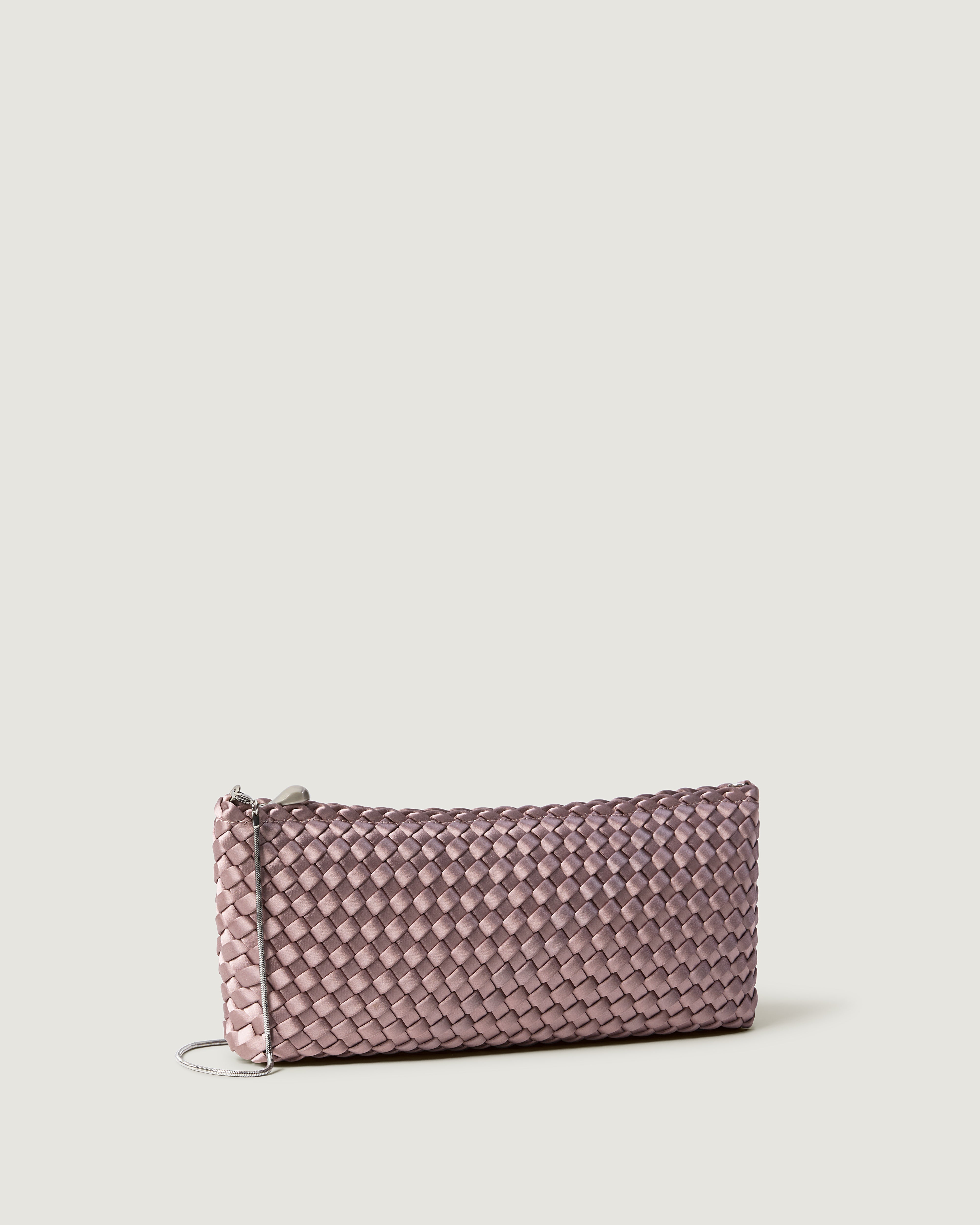 A handwoven satin neoprene shoulder bag in lavender with a thin silver metal chain strap.