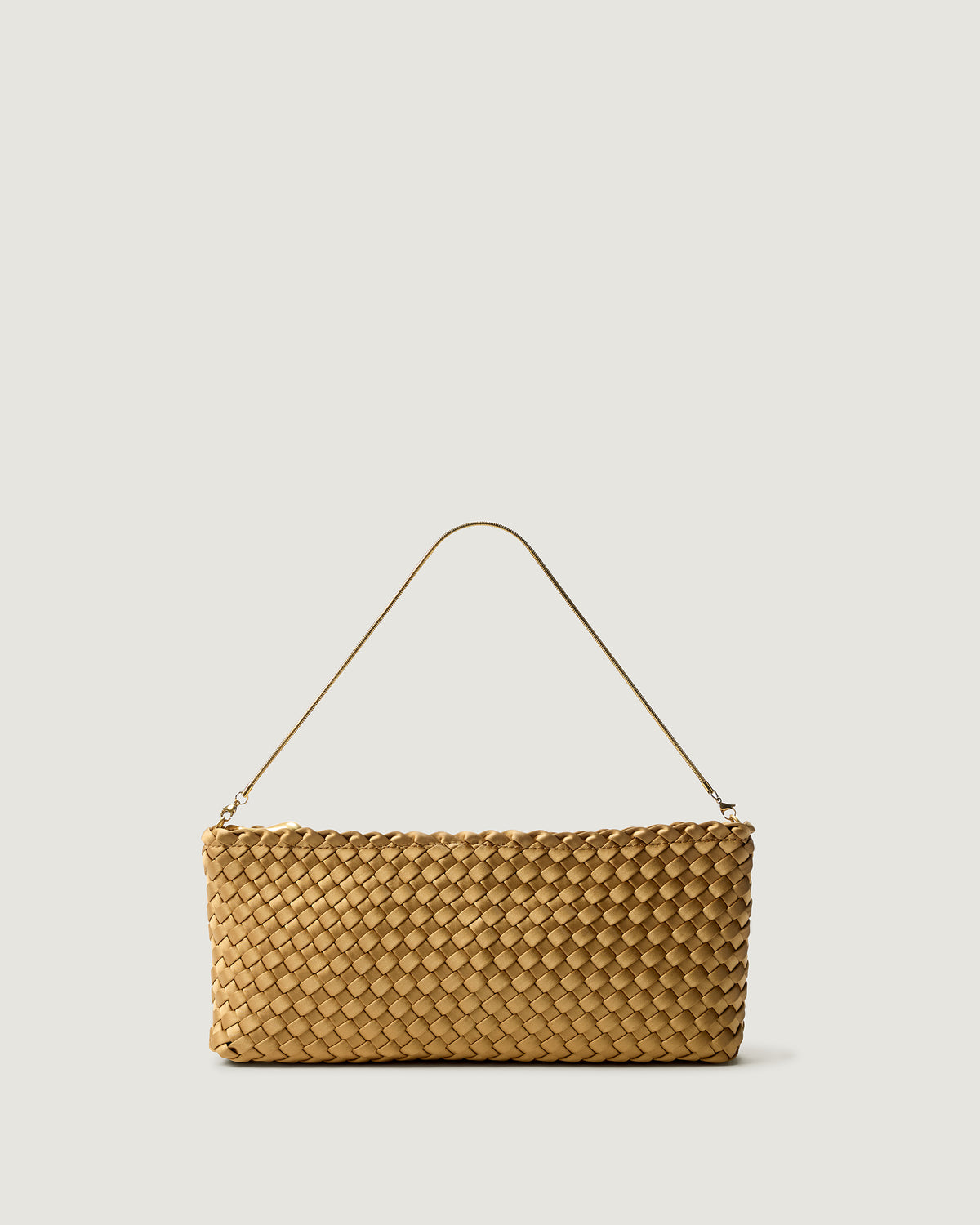 Gala Clutch in Luce, a gold tone, in handwoven satin, featuring a top zip closure.