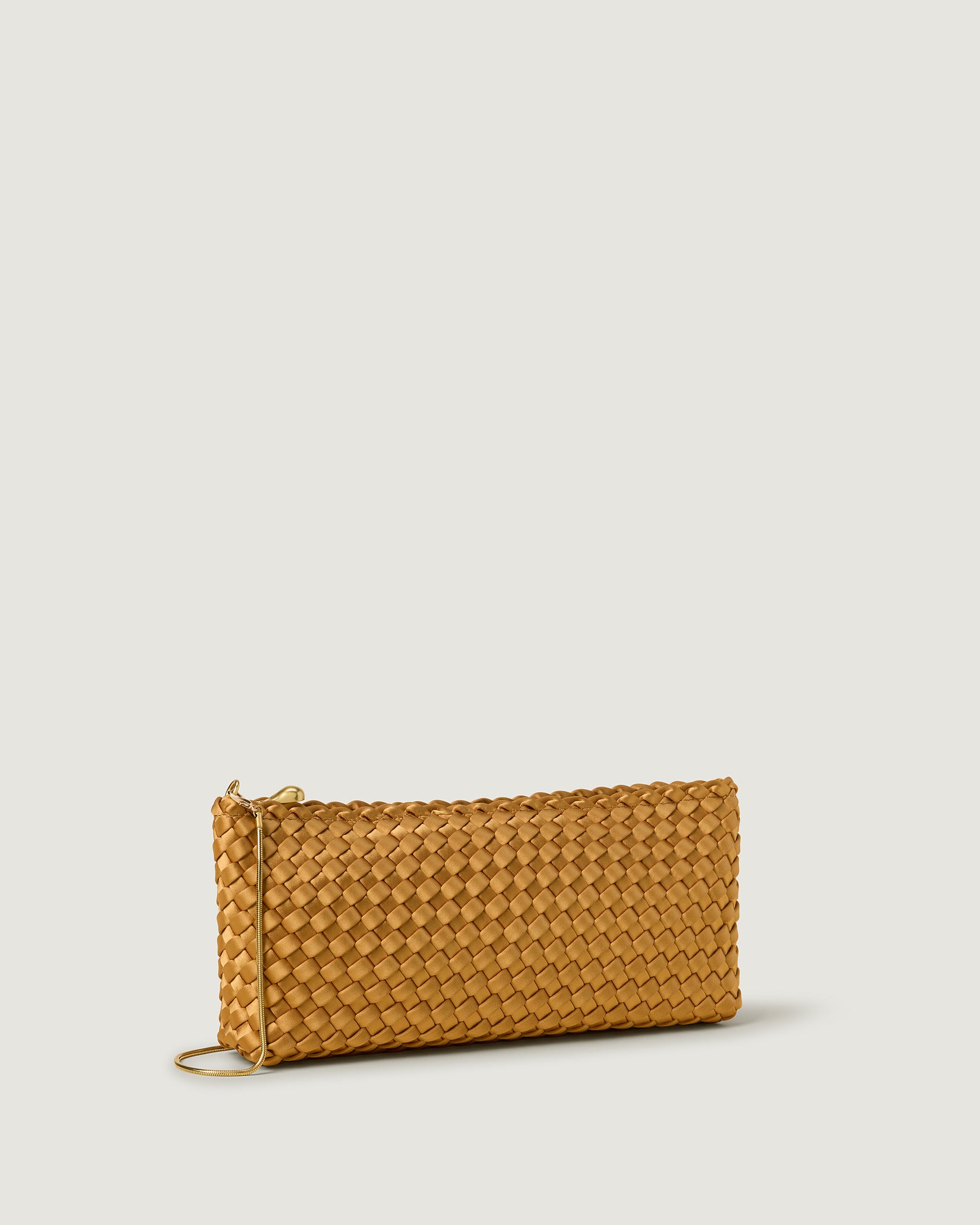 Gala Medium Satin Clutch Bag in Ore shown from a side angle, highlighting its handwoven neoprene and top zip closure.