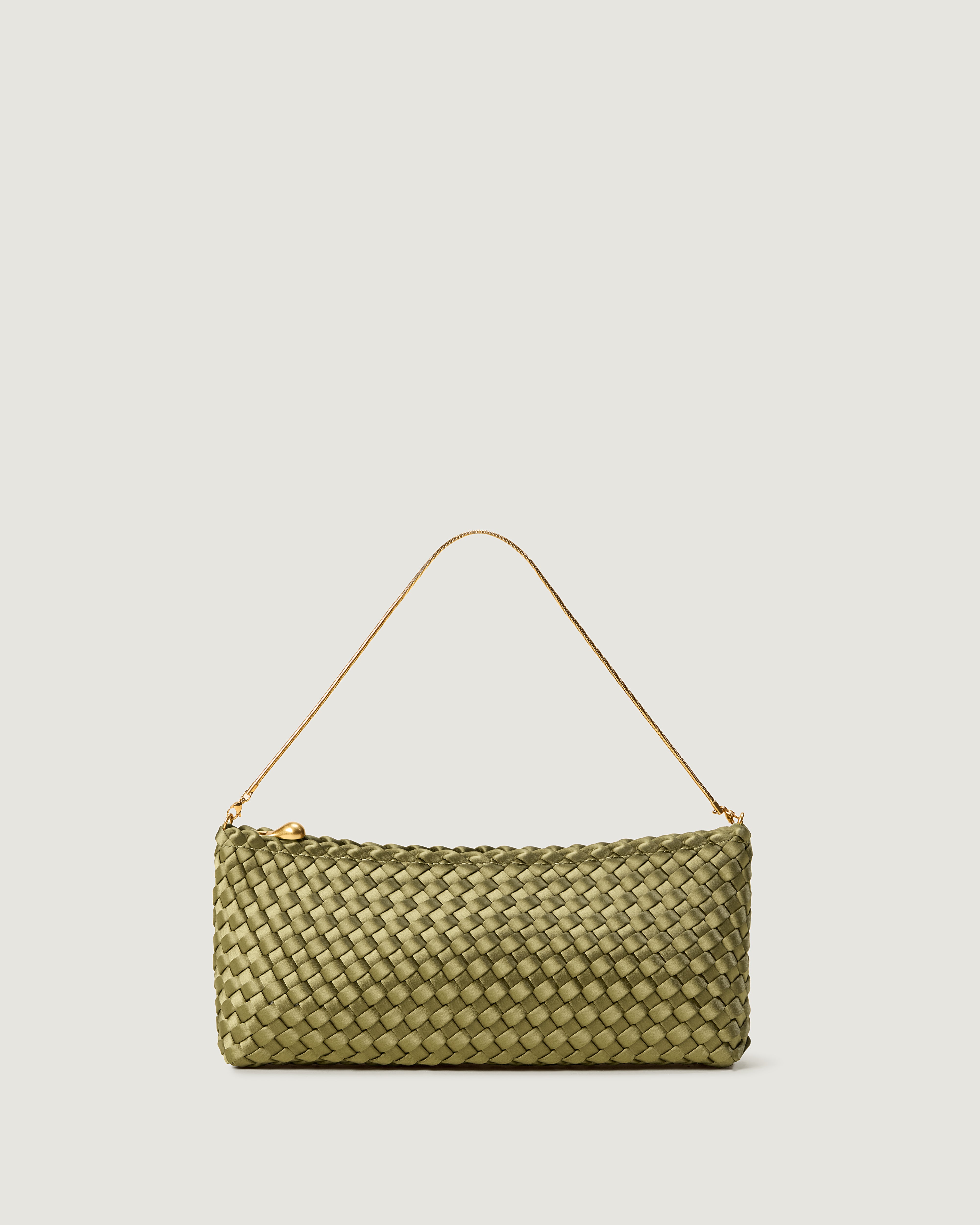 Gala Clutch in Peridot, a muted olive green tone, in handwoven satin, featuring a top zip closure.