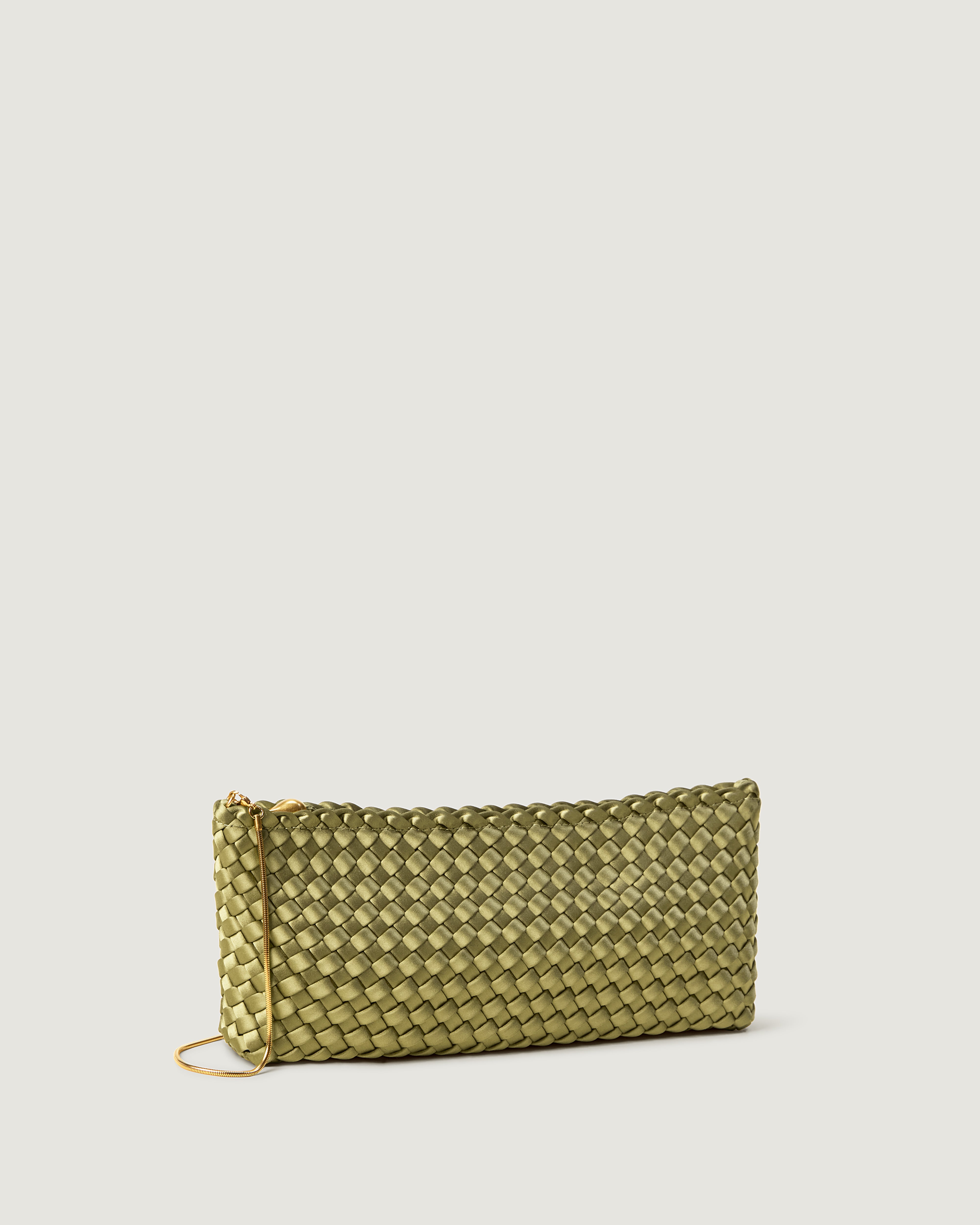 Gala Clutch in Peridot shown from a side angle, highlighting its handwoven satin construction and top zip closure.