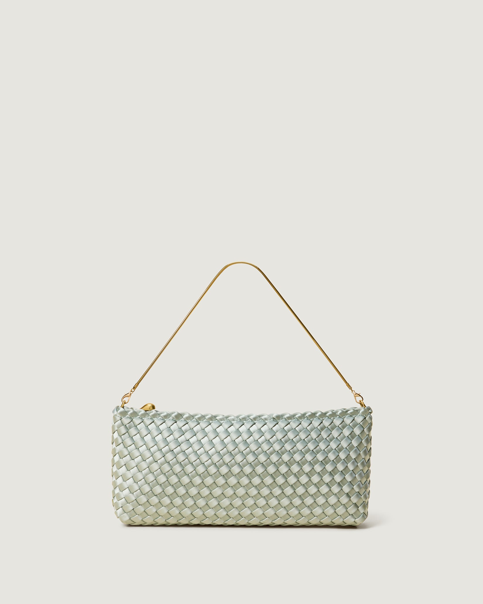 Gala Medium Satin Clutch Bag in Wintergreen, an aqua green tone, in handwoven neoprene featuring a top zip closure.