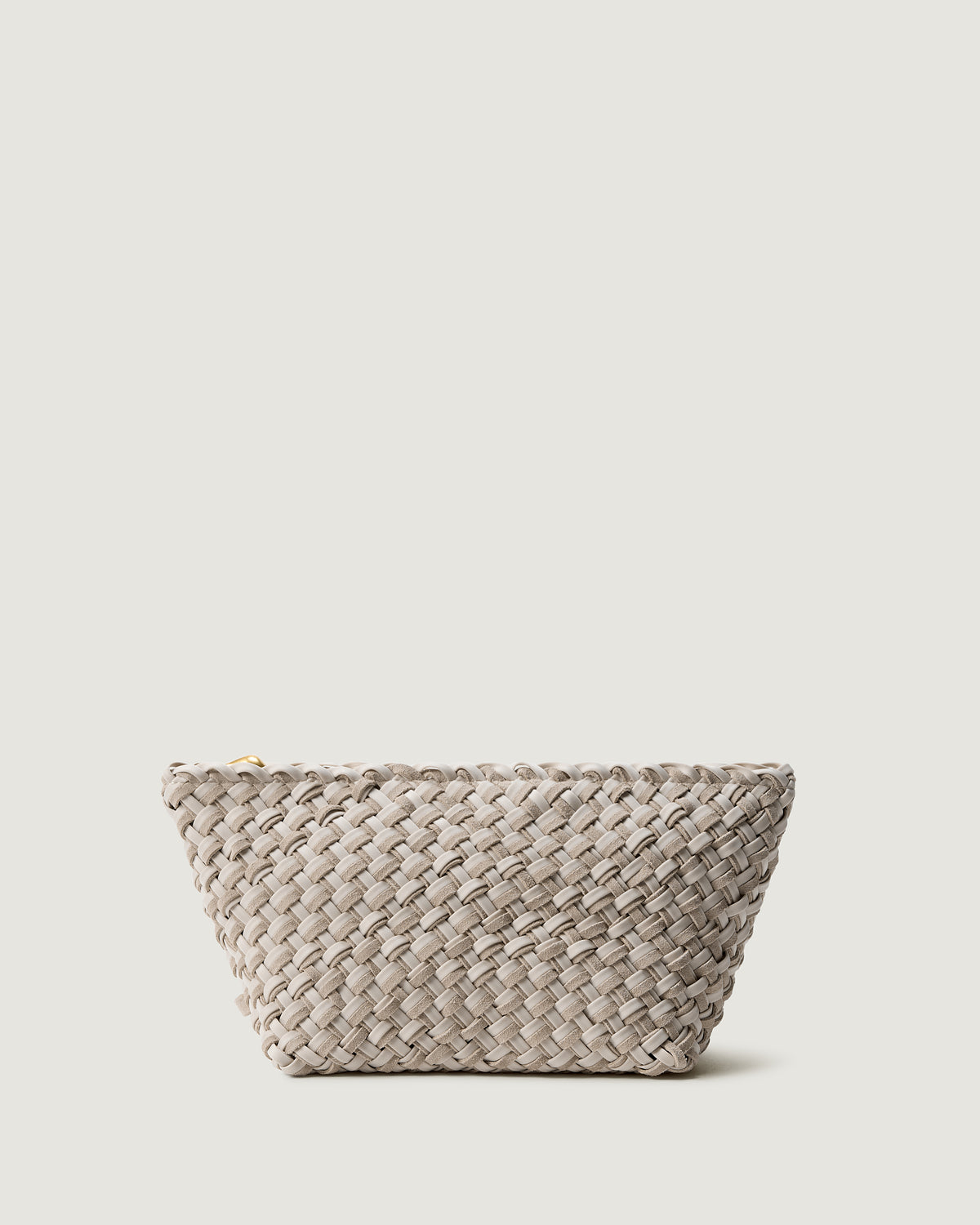 The Gigi Large Clutch in Linen, an ivory tone, is a handwoven neoprene and suede clutch with zippered closure.