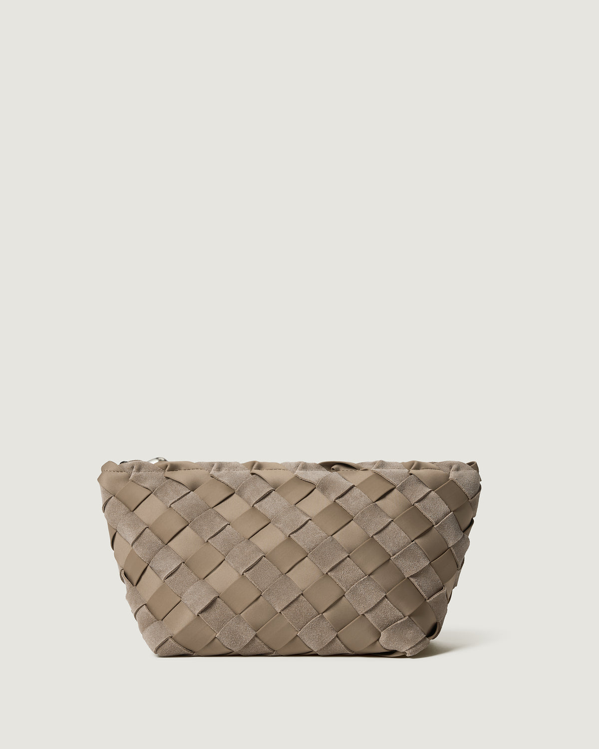 A handwoven suede and neoprene clutch bag in a taupe-beige color, featuring a basketweave pattern and a top zipper closure.