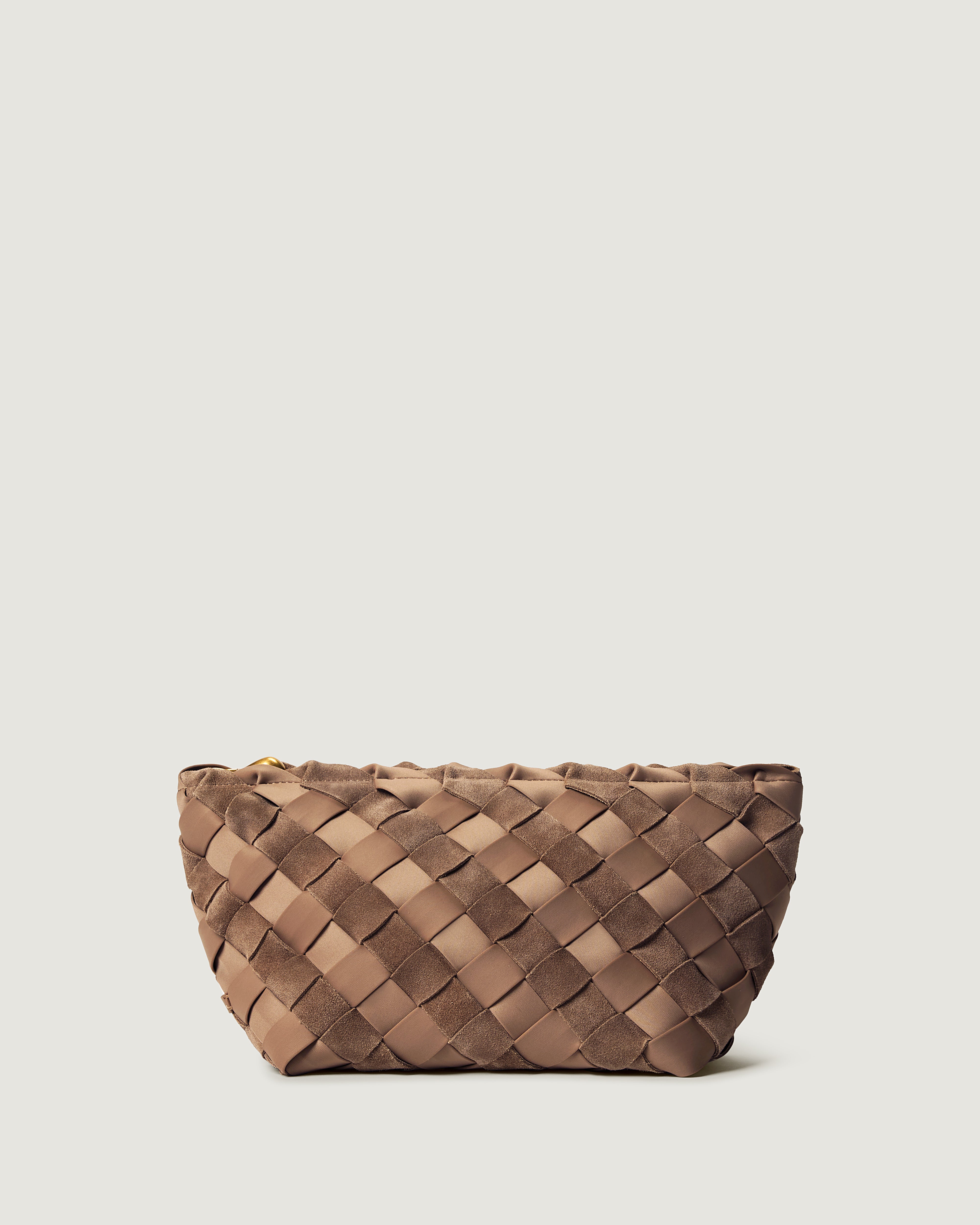 A large handwoven suede and neoprene pouch in a medium brown shade, featuring a top zipper closure.