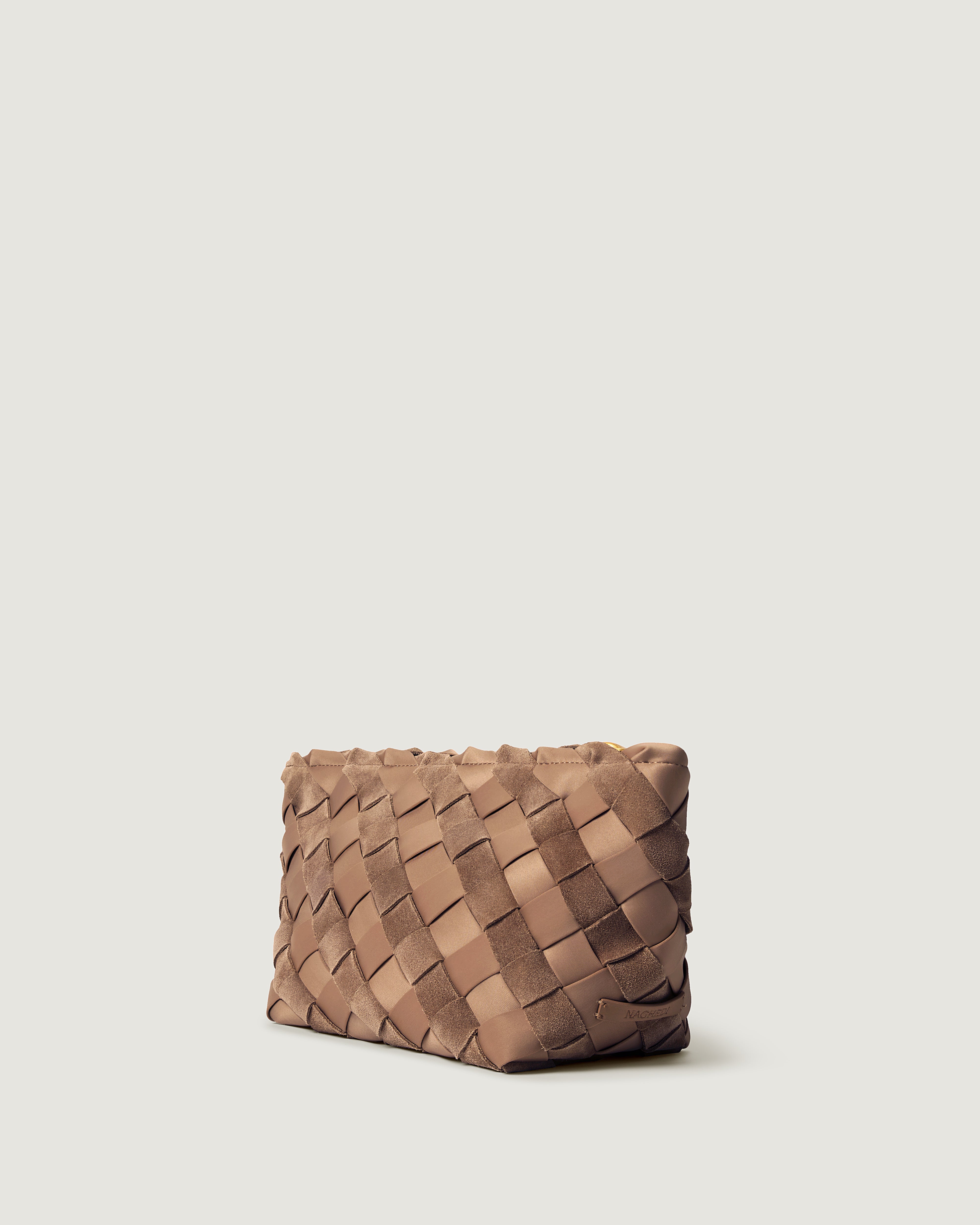 A large handwoven suede and neoprene pouch in a medium brown shade, featuring a top zipper closure.