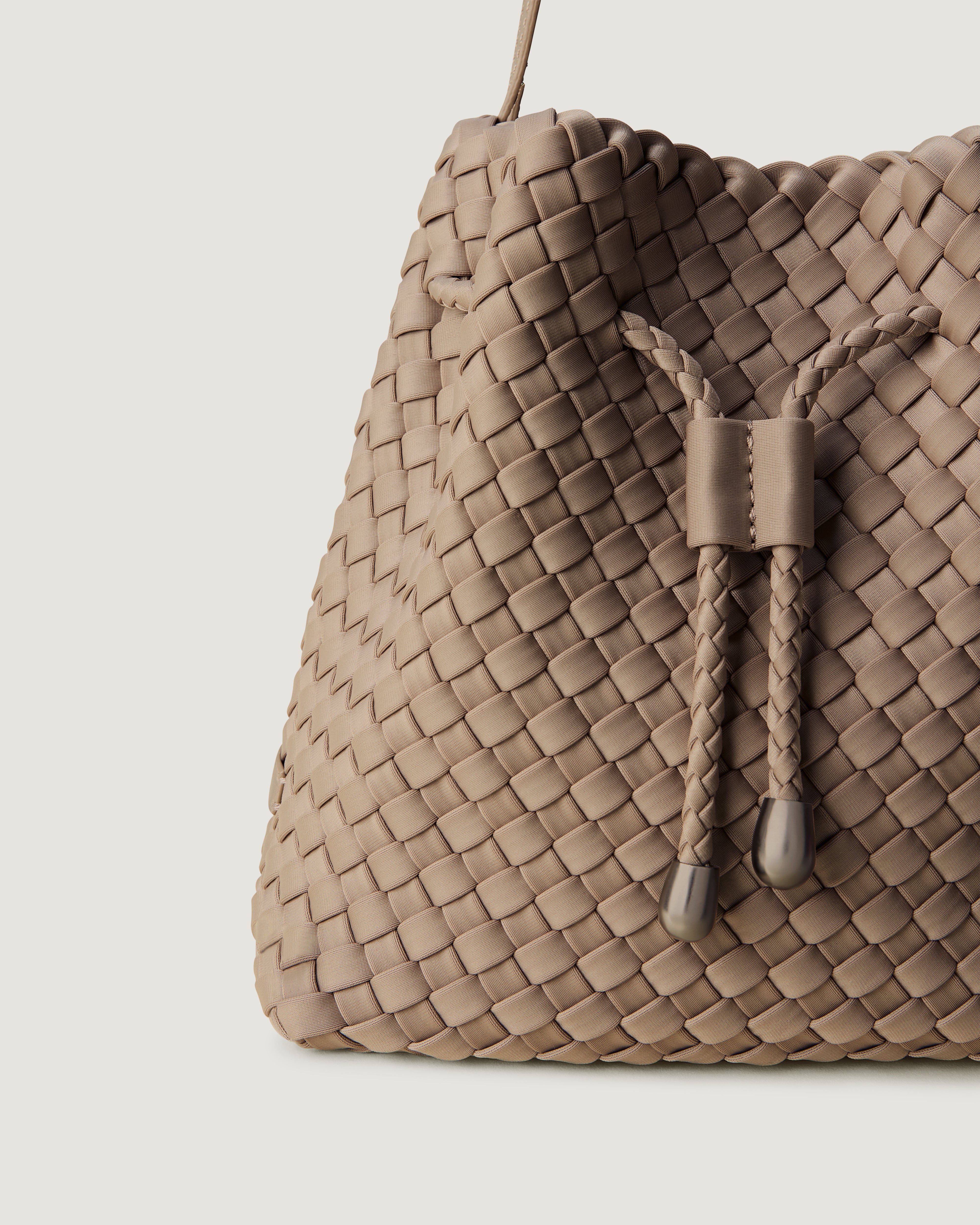 Close-up of handwoven detailing on Gramercy Bucket in Cashmere.