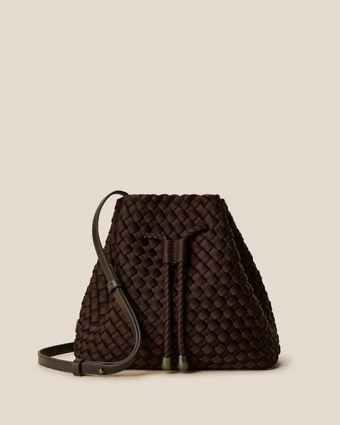 Gramercy Medium Bucket Bag in Chocolate, a dark chocolate brown tone, in handwoven neoprene featuring a drawstring closure, and adjustable leather crossbody strap.