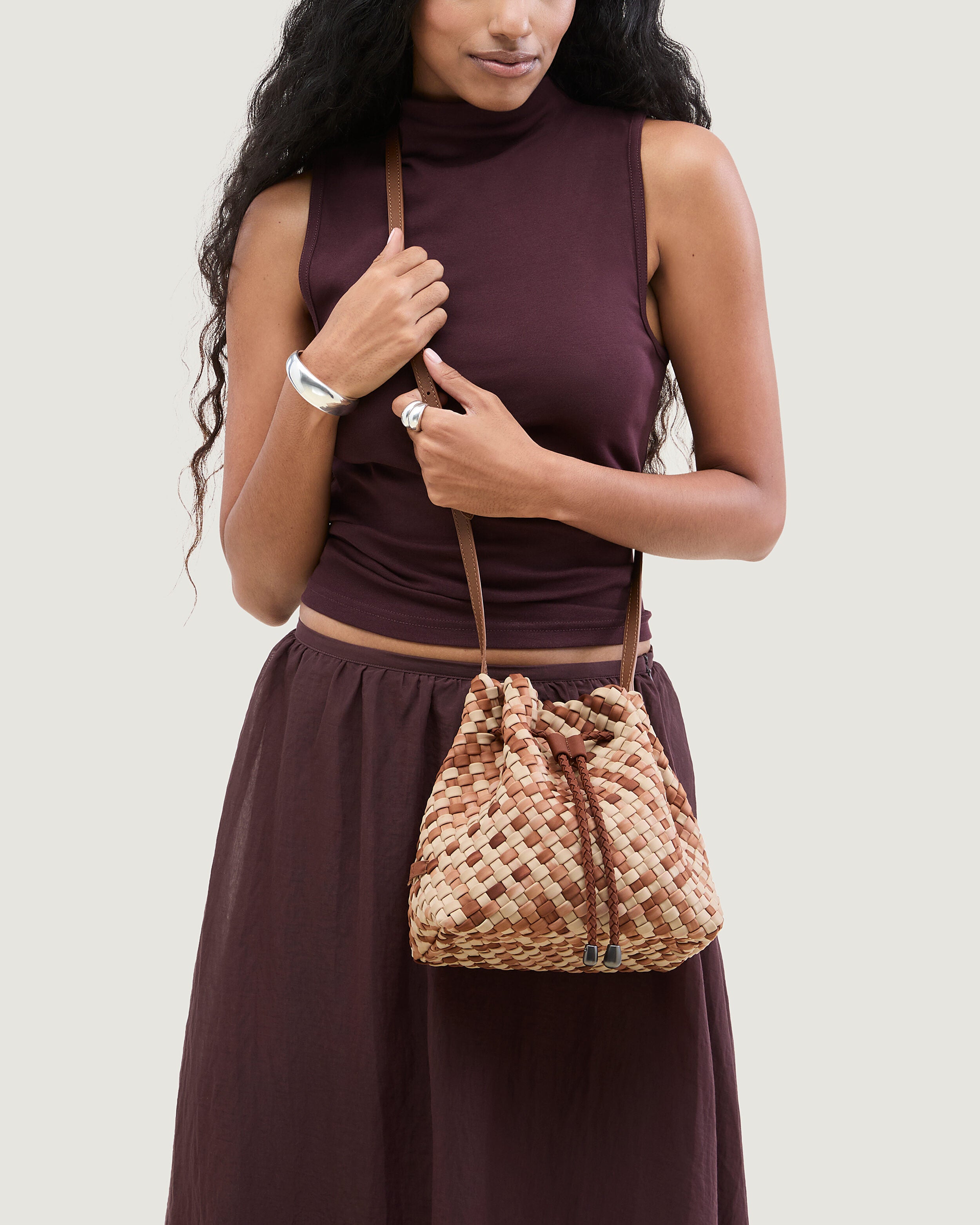 Gramercy Bucket in Fez shown on model to illustrate scale and soft silhouette.