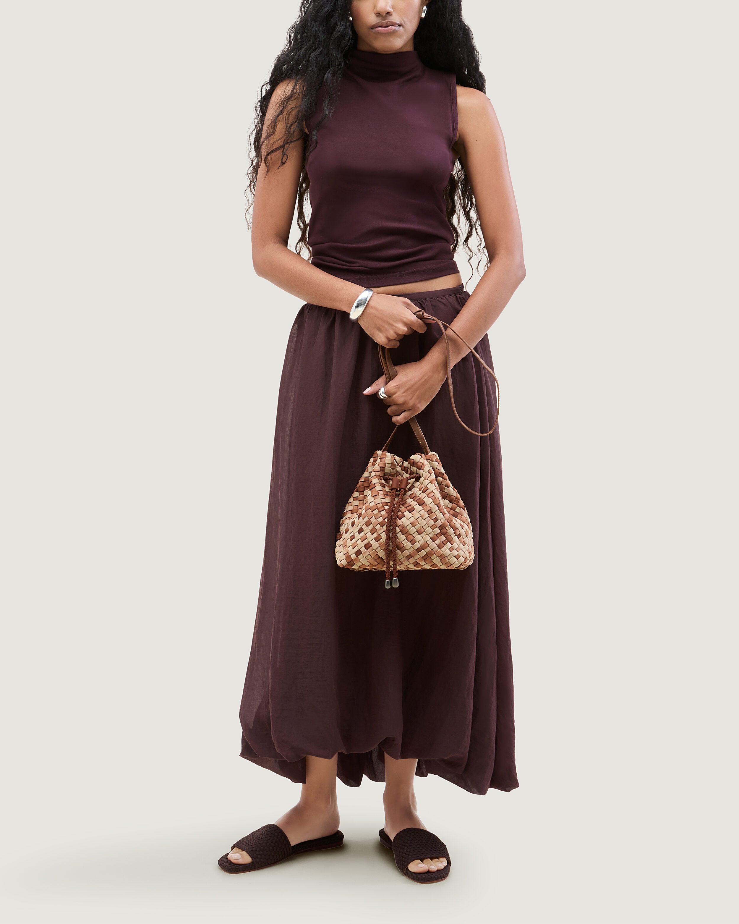 Gramercy Bucket in Fez shown on model to illustrate scale and soft silhouette.