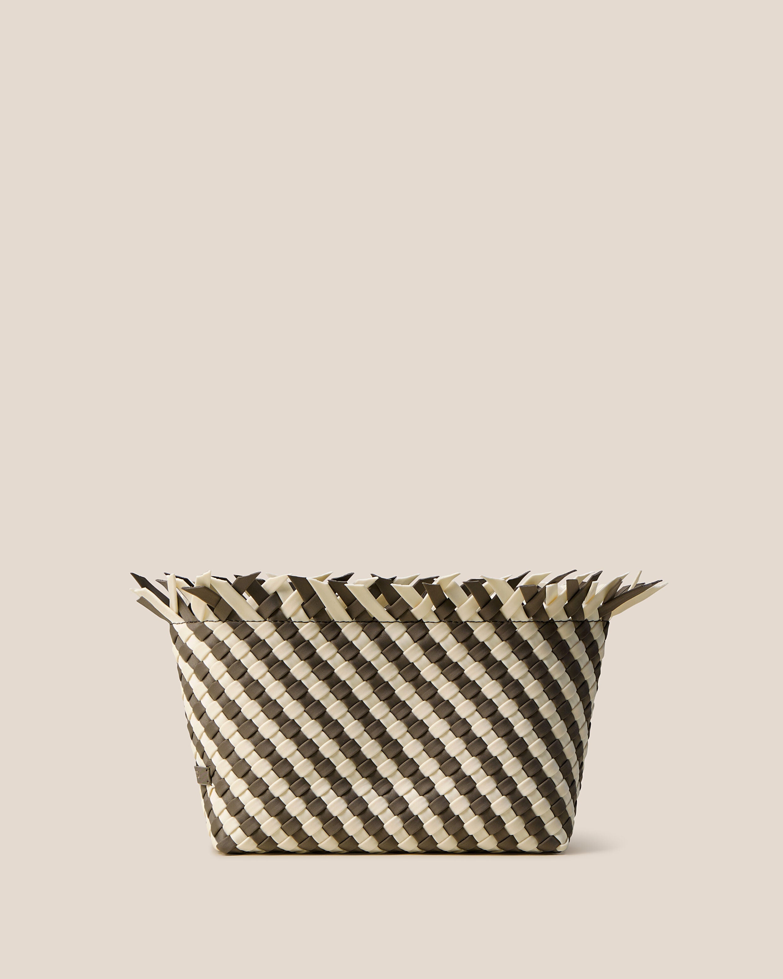 Havana  in Carrara, a muted earth brown and bone tone, in handwoven neoprene, featuring a magnetic snap closure.