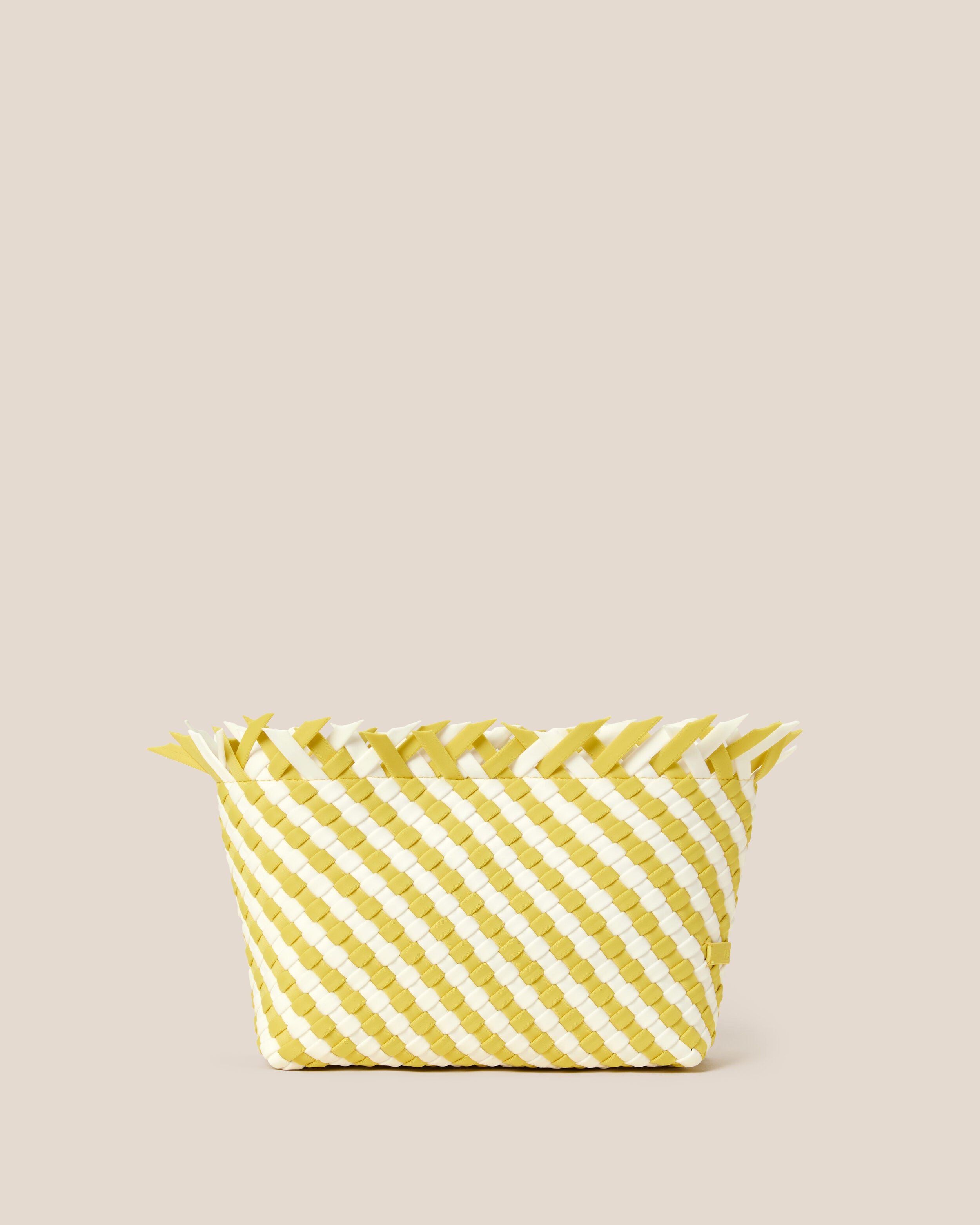 Havana  in Soleil, a white and yellow tone, in handwoven neoprene, featuring a magnetic snap closure.