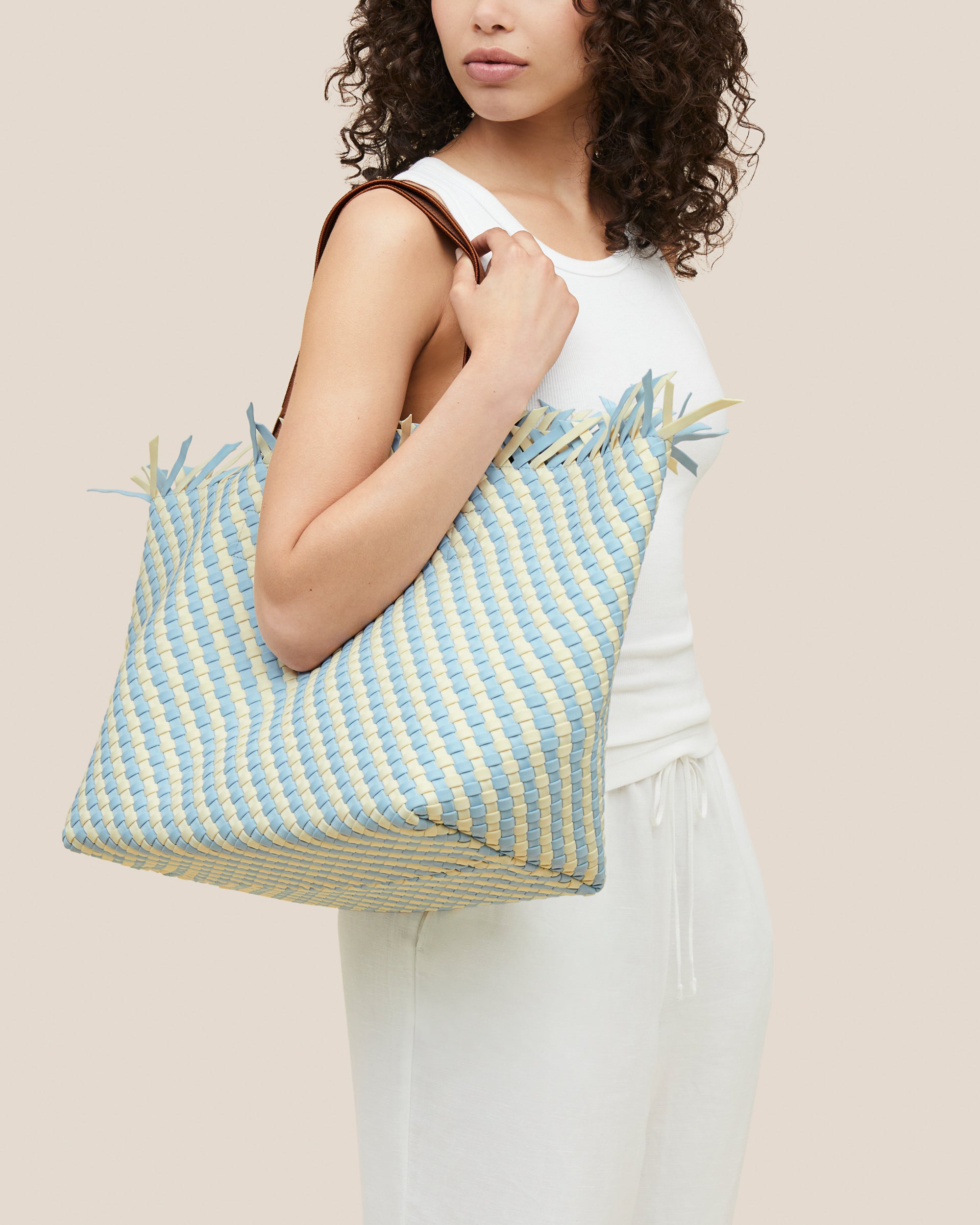 Havana Large Tote Striped in Sky | On Model Close Up