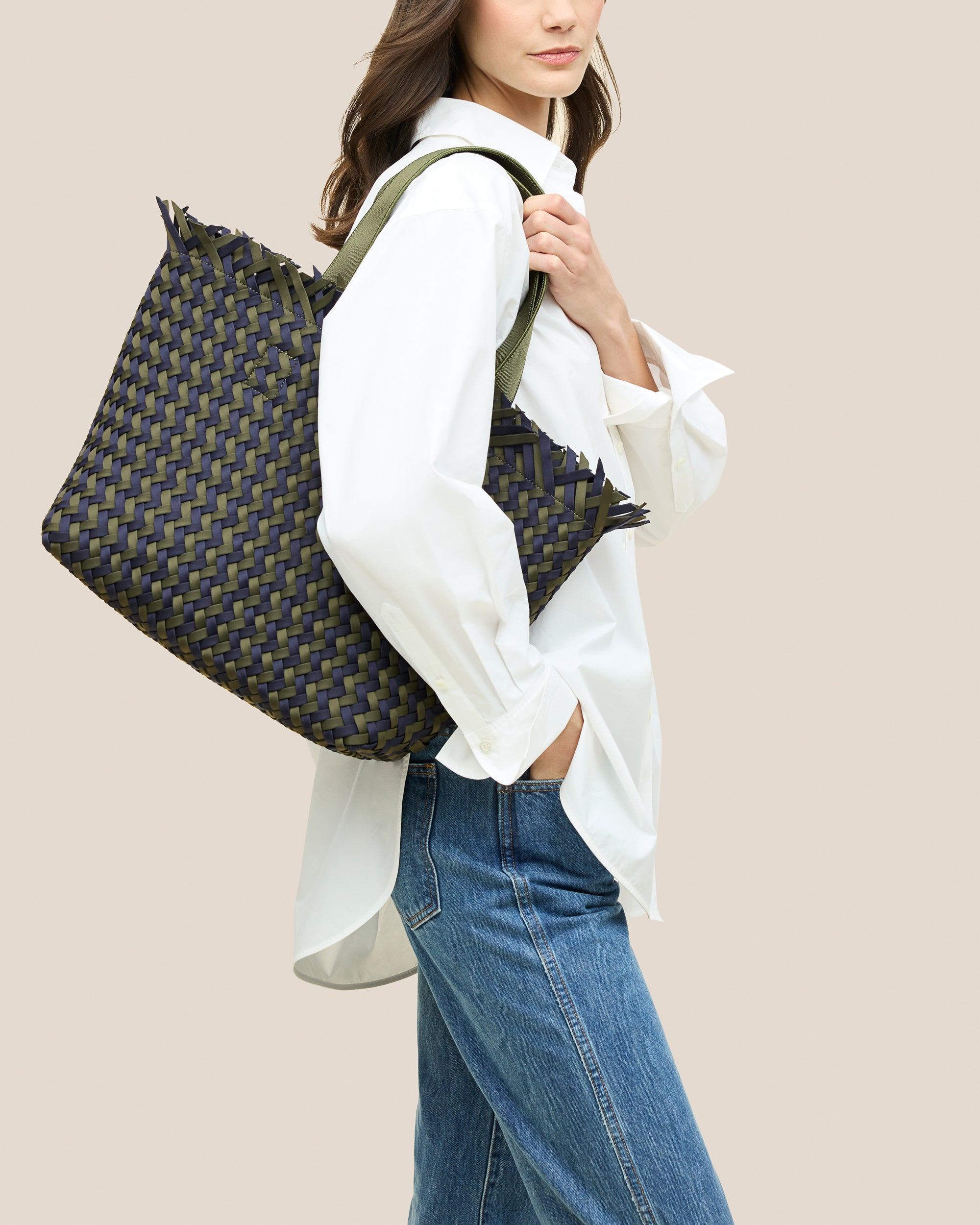 Havana Medium Tote Basketweave in Cyprus | On Model Close Up