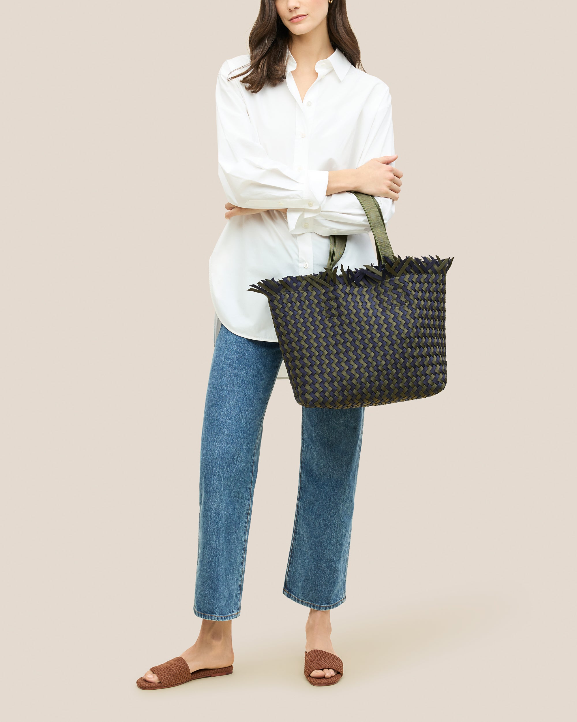 Havana Medium Tote Basketweave in Cyprus | On Model Full Body