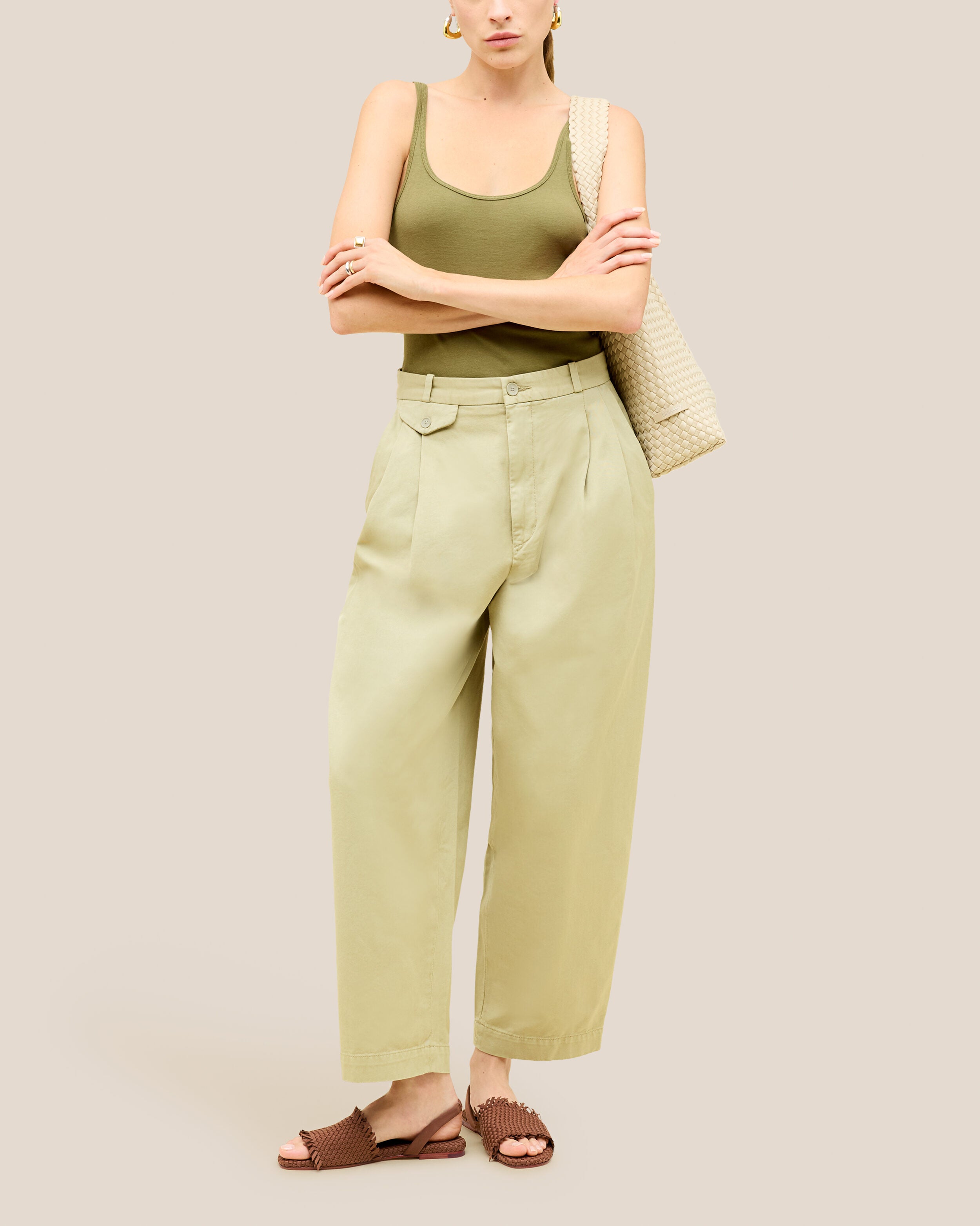 The Havana Sandal in Adobe shown on model.