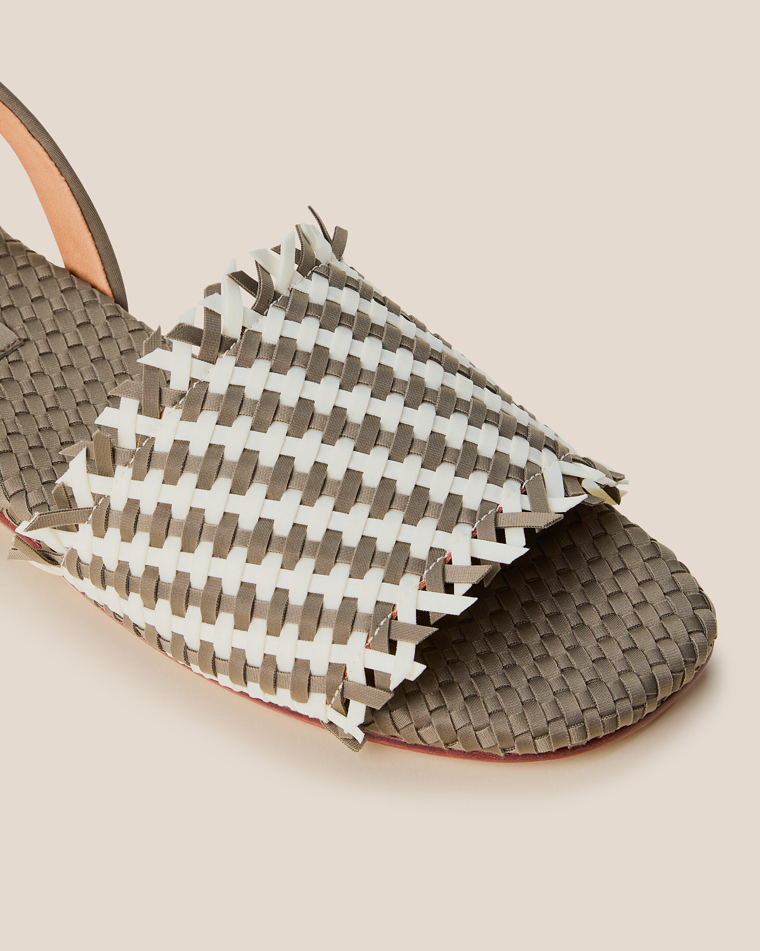 Close-up of The Havana Sandal in Carrara showing its open toe and square silhouette.