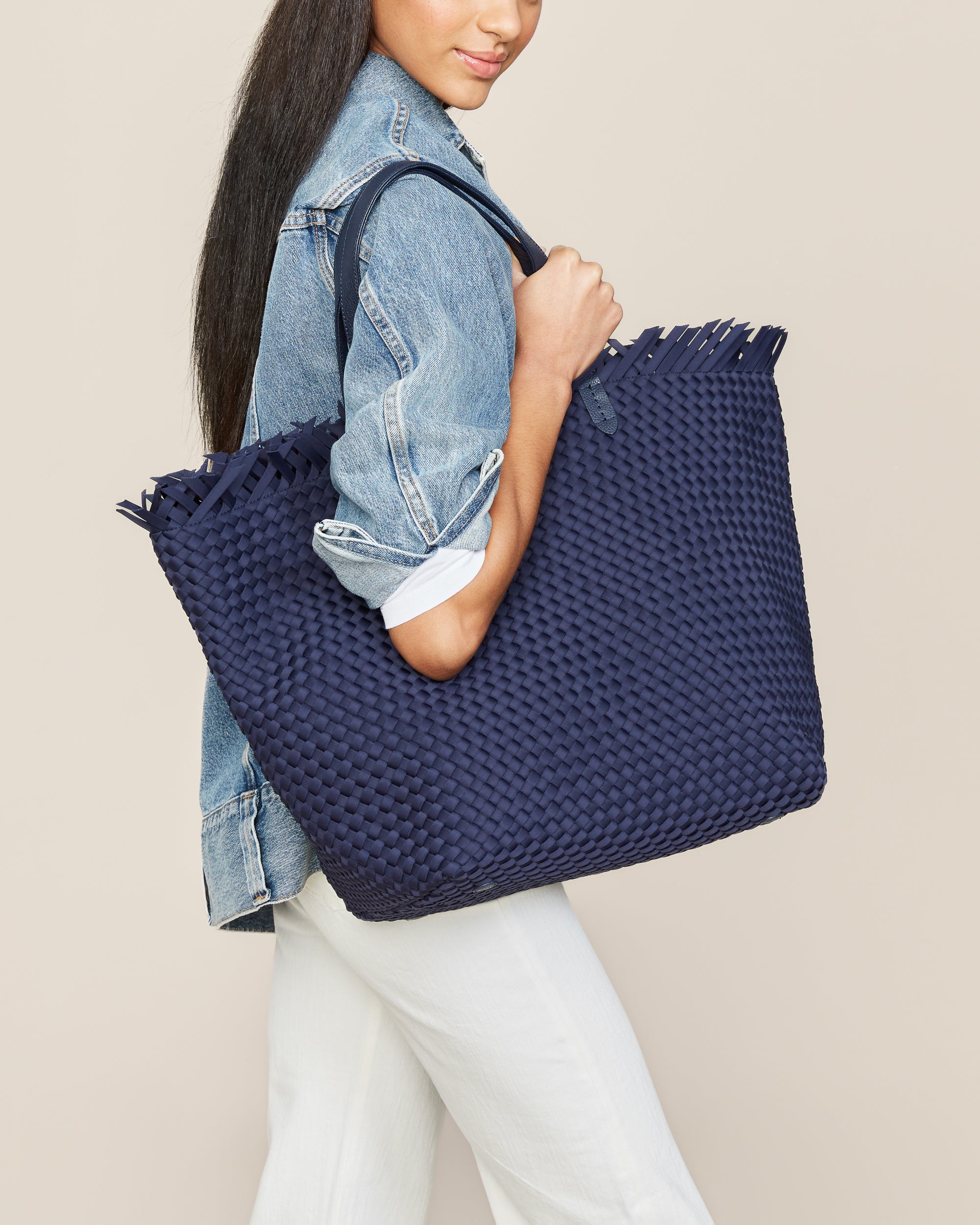 Havana Travel Tote in Ink Blue | On Model Close Up