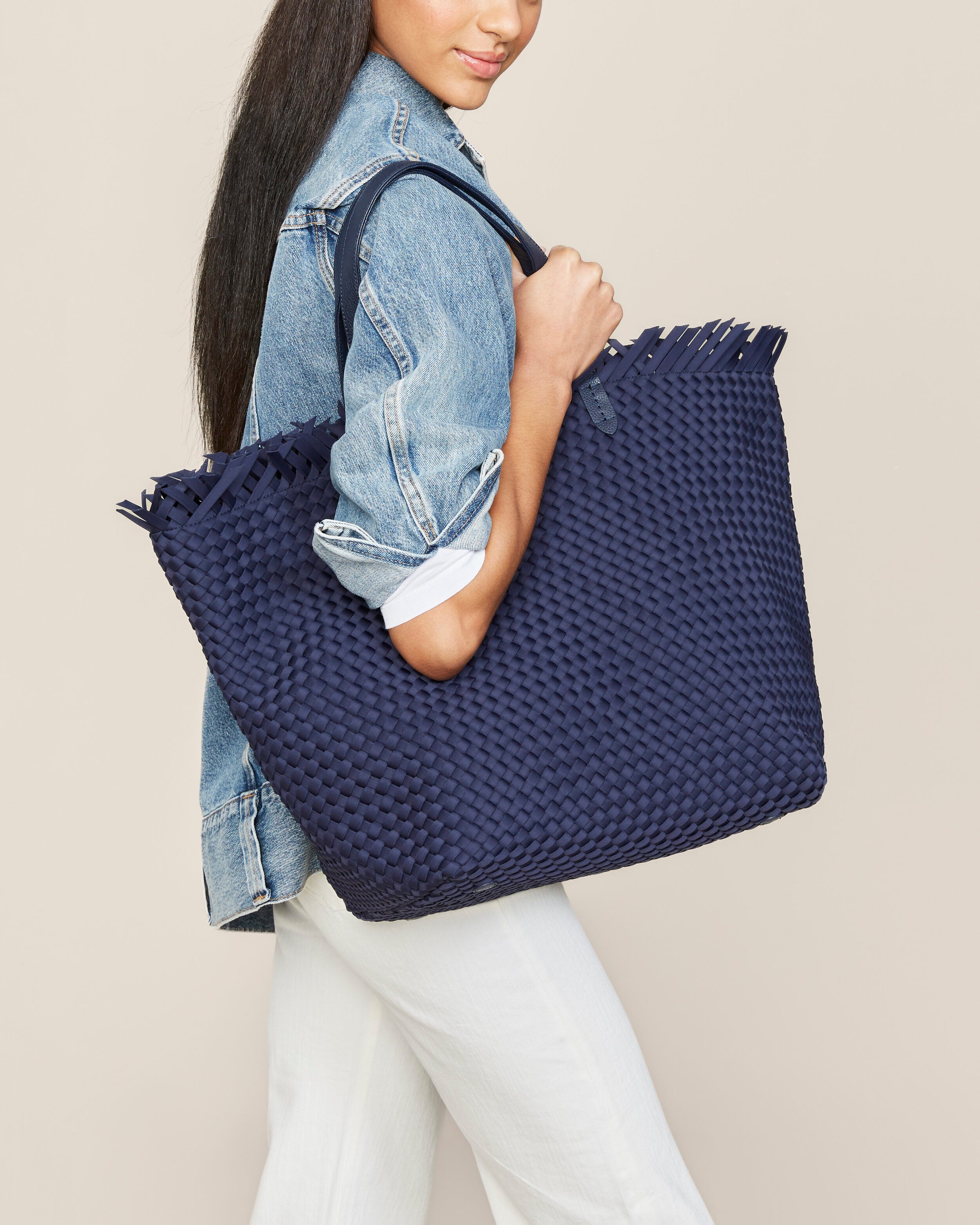 Havana  in Ink Blue shown on model to illustrate scale and soft silhouette.