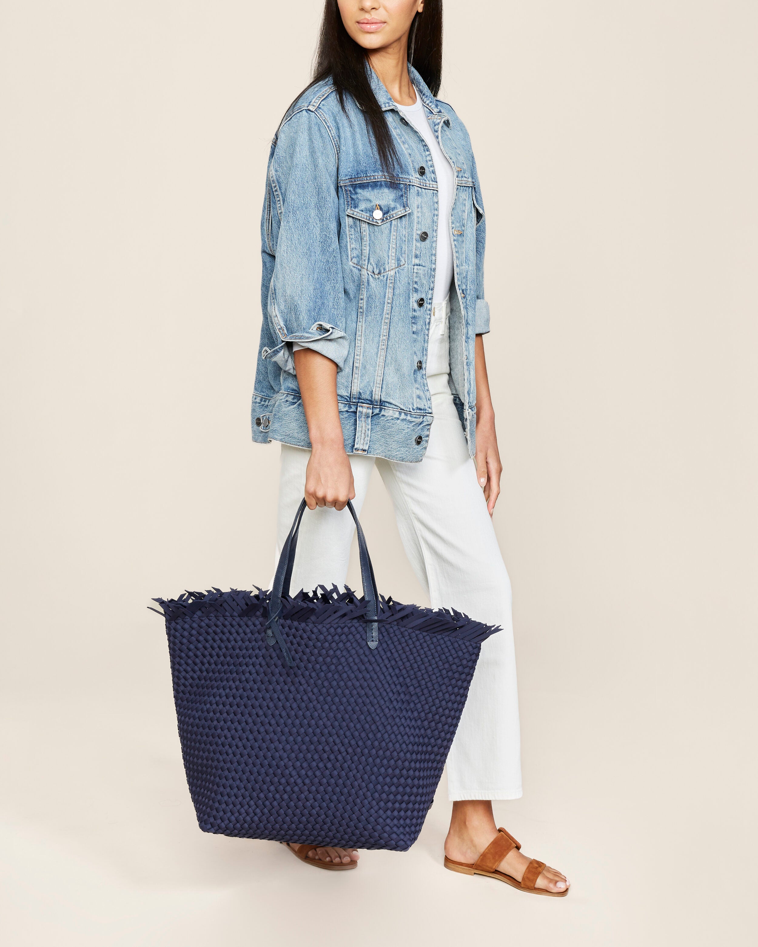 Havana  in Ink Blue shown on model to illustrate scale and soft silhouette.