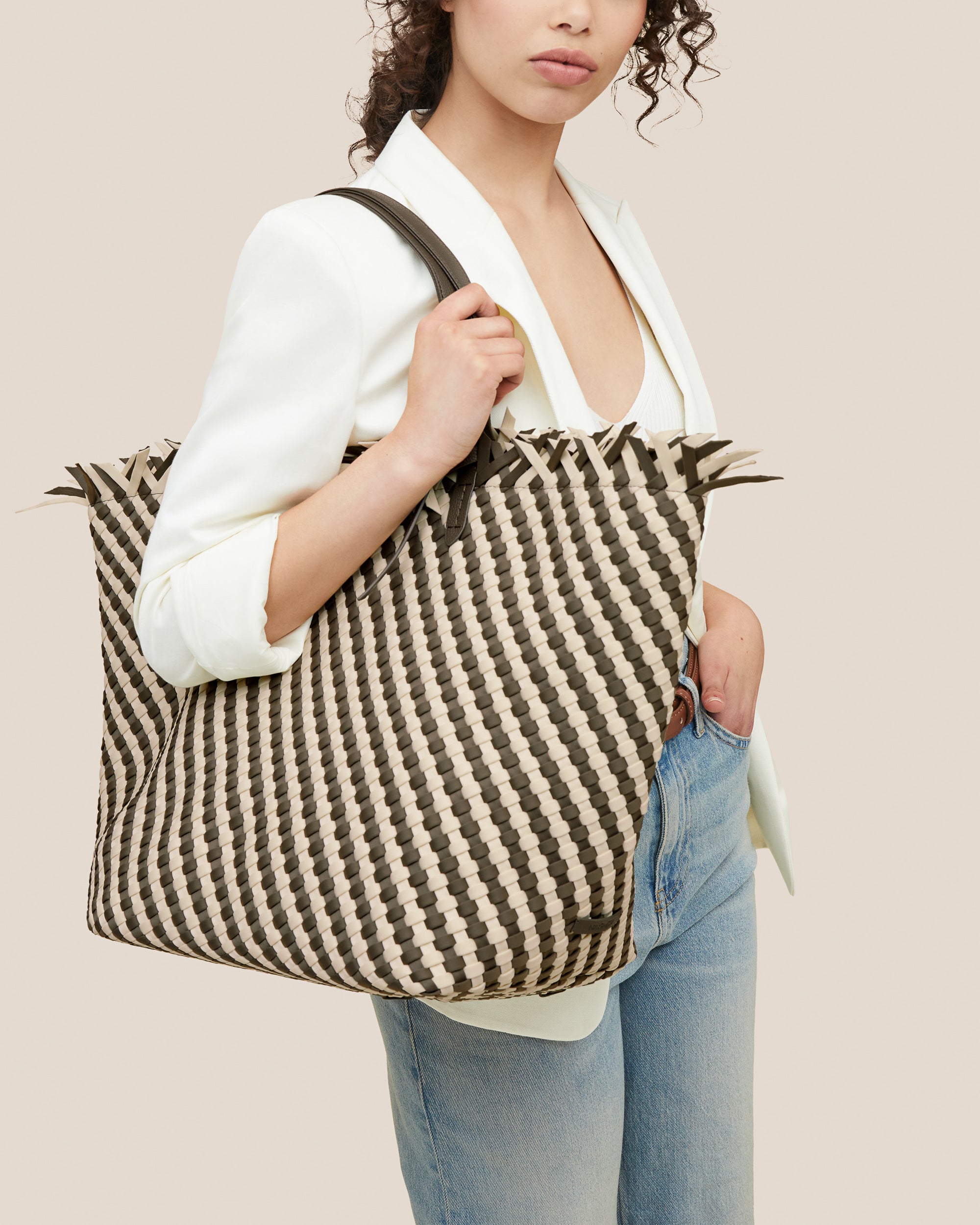 Havana Travel Tote Striped in Carrara | On Model Close Up