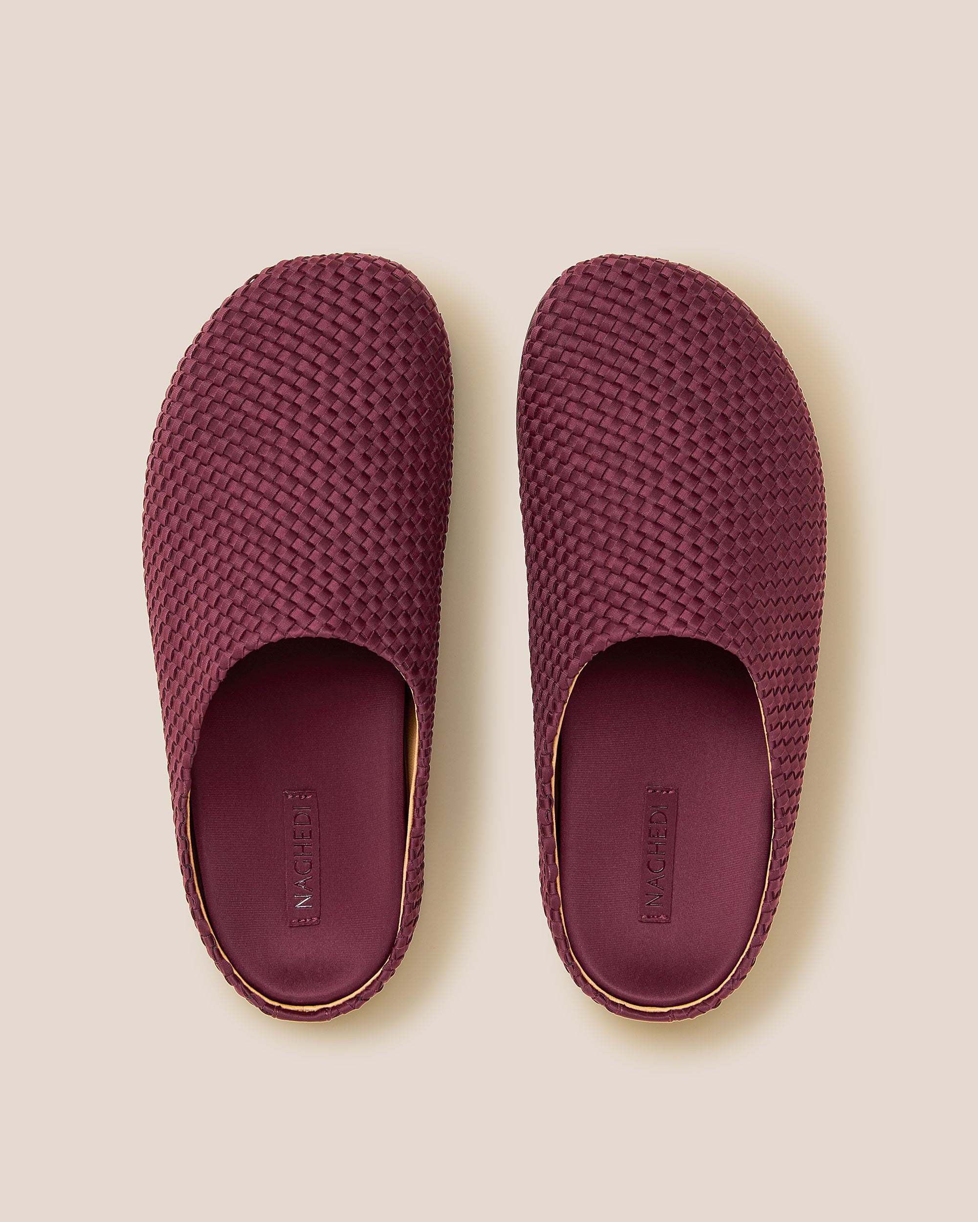 Top view of pair of Hudson Clogs in Bordeaux showing the padded, molded neoprene footbed.