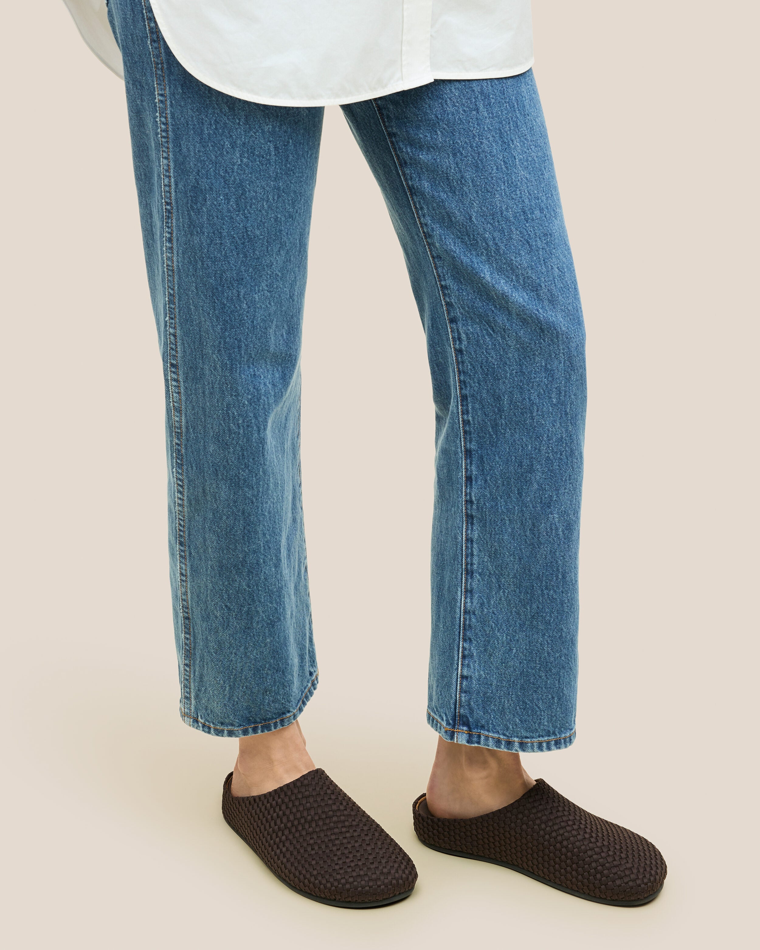 The Hudson Clog in Chocolate shown on model.