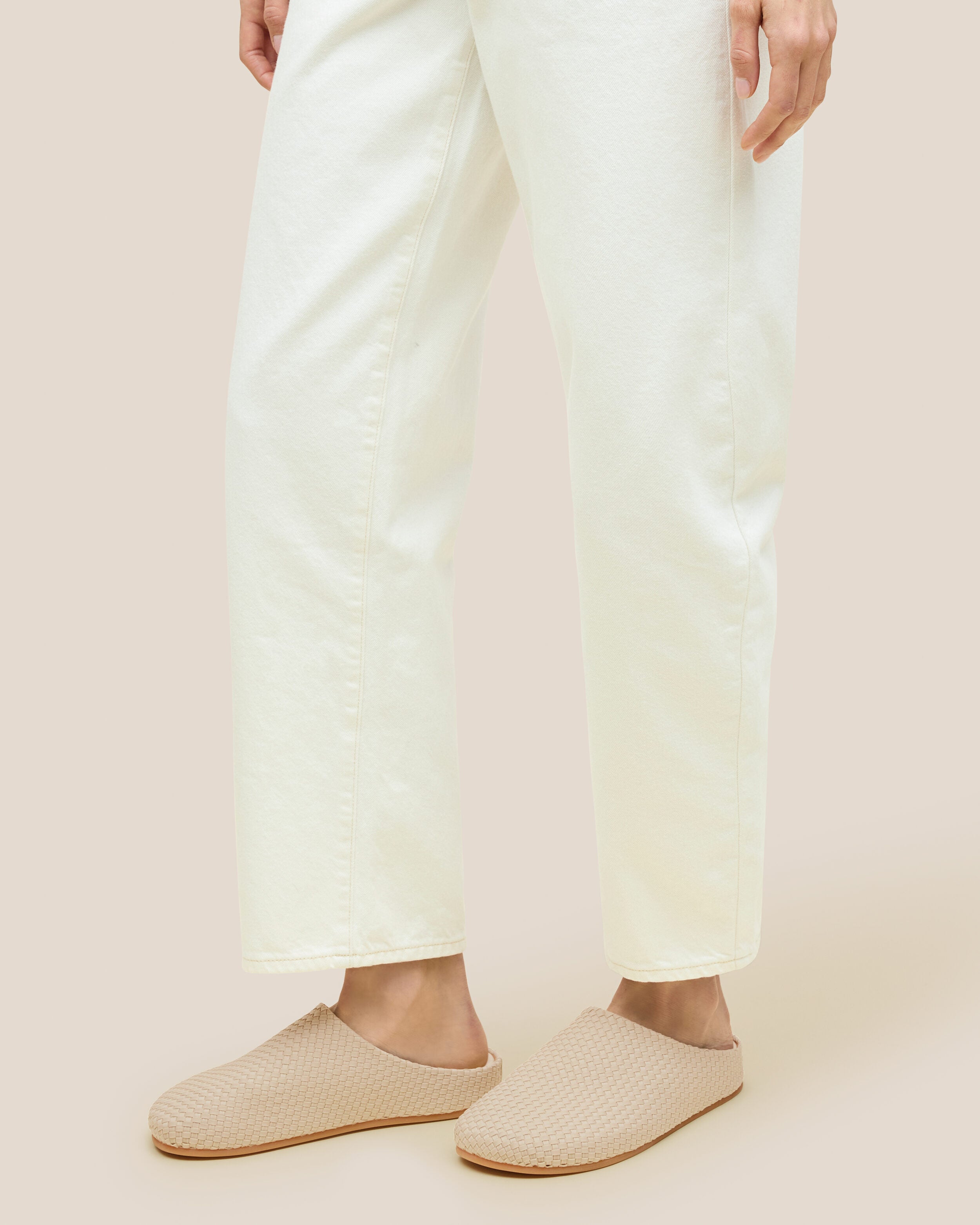 The Hudson Clog in Ecru shown on model.