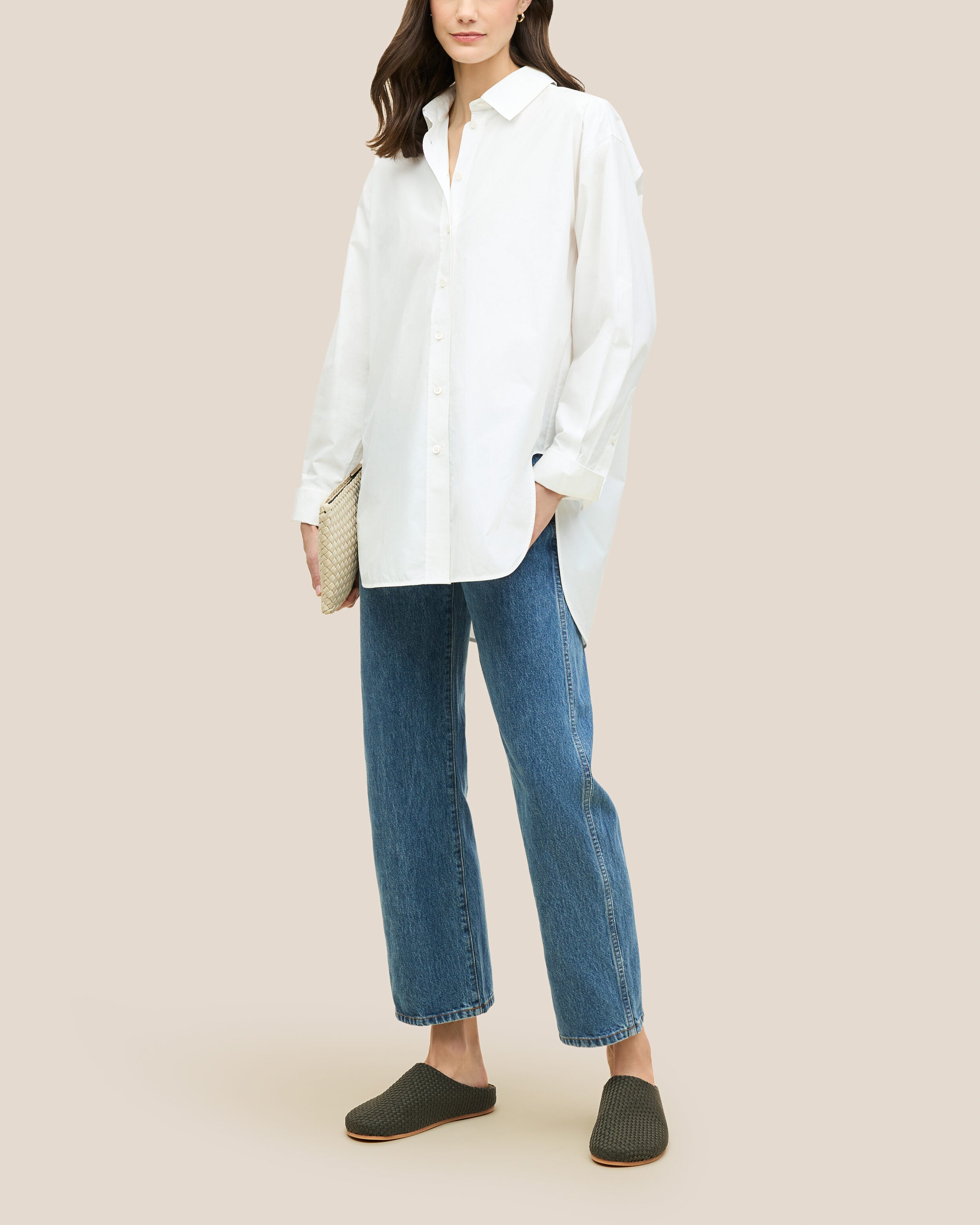 The Hudson Clog in Olive shown on model.