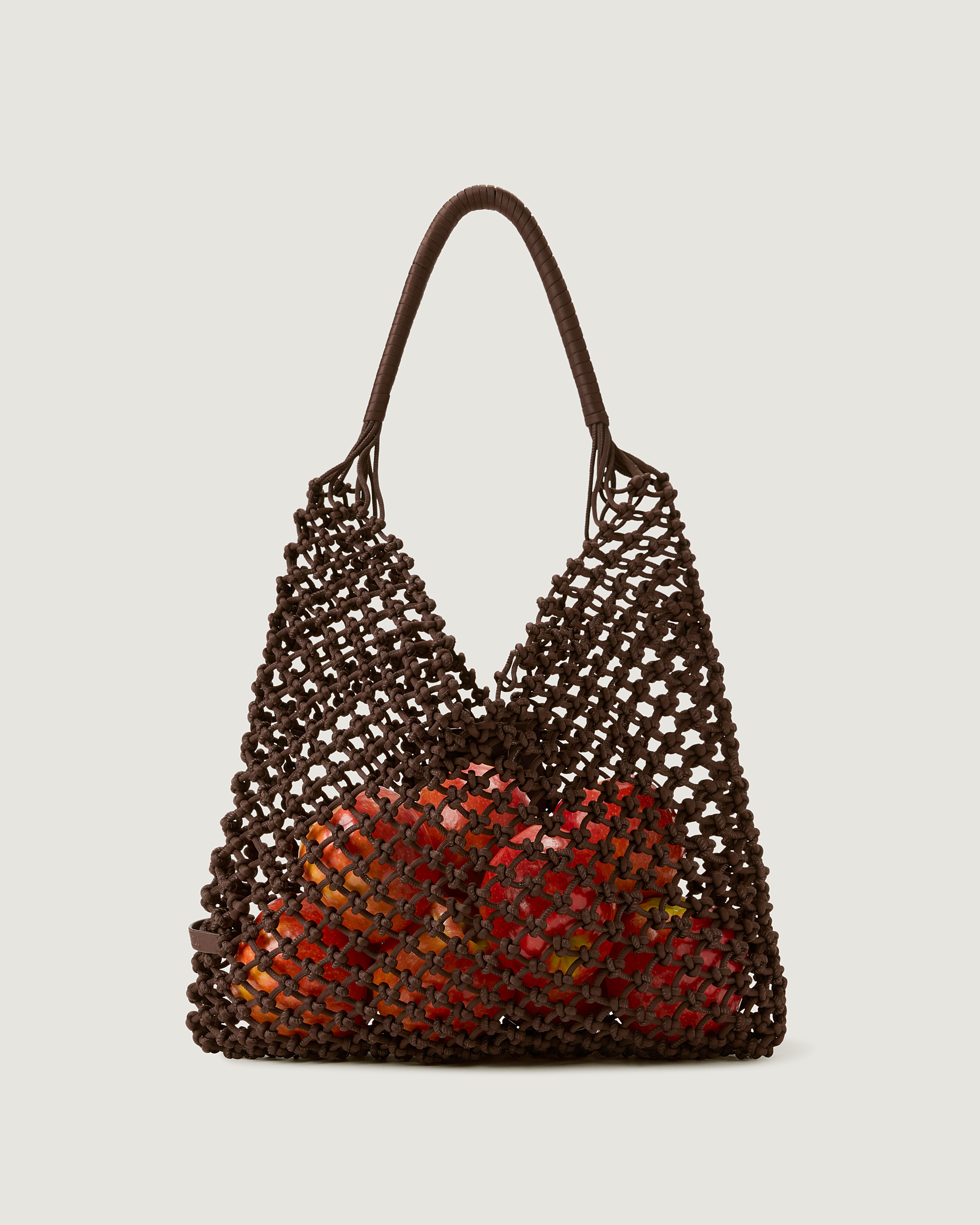 Large woven neoprene net bag in chocolate brown with fruit inside