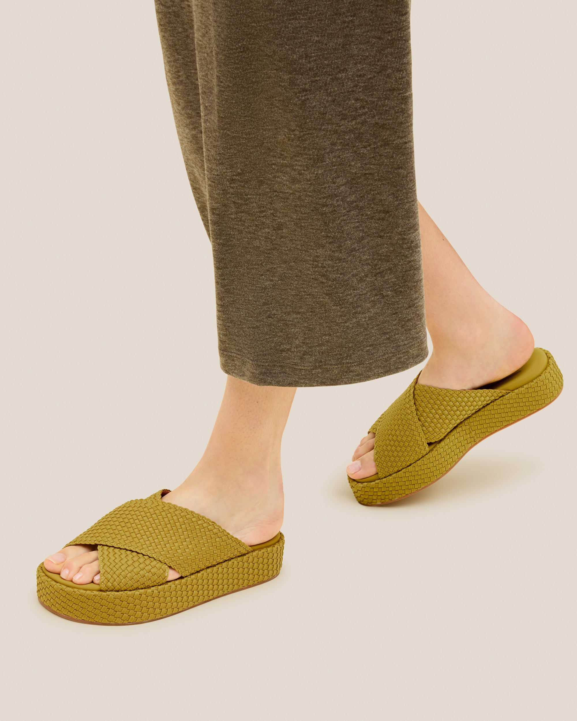 Laguna Platform Sandal in Chartreuse shown on model.