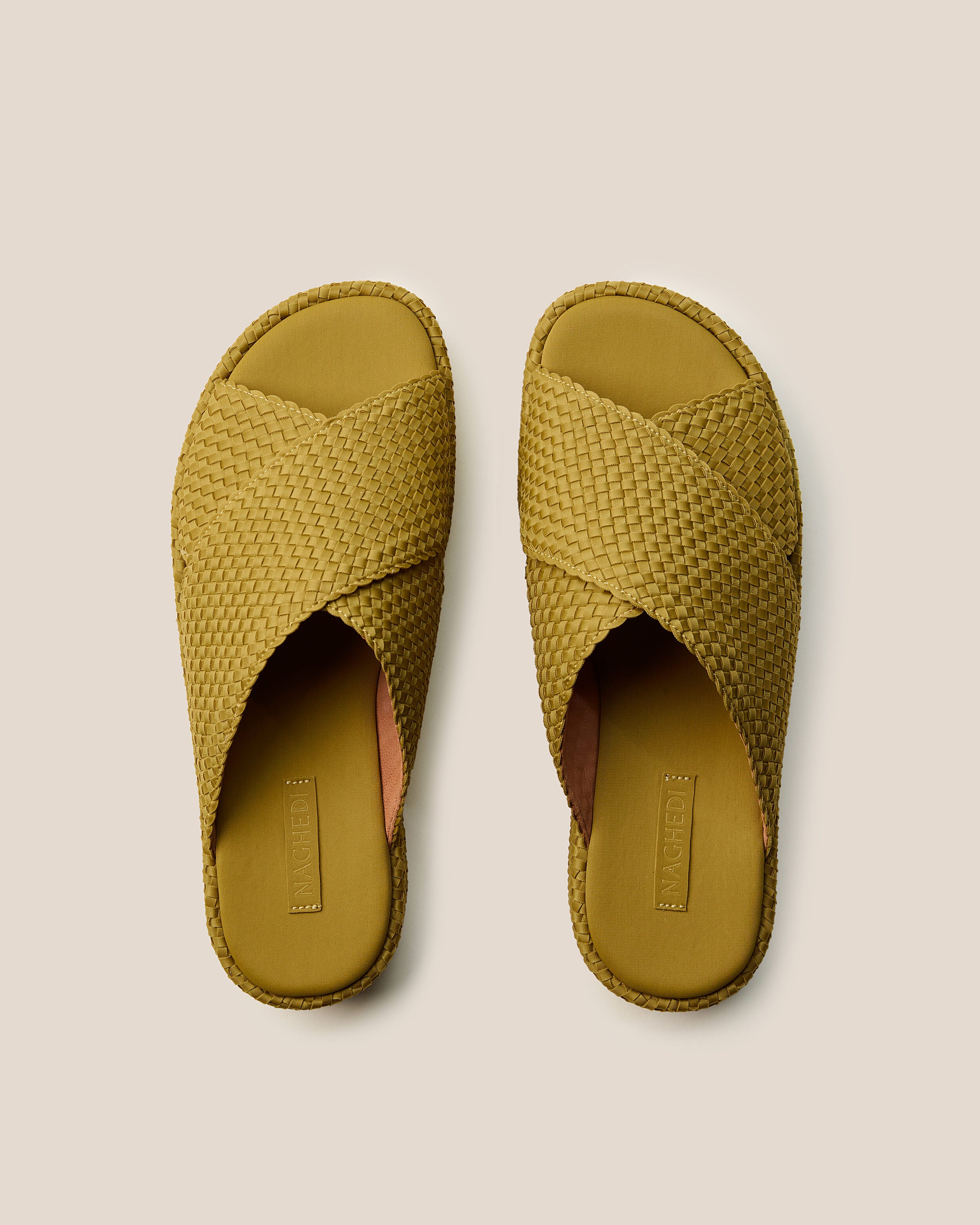 Top view of pair of The Laguna Platform in Chartreuse showing the padded neoprene insole.