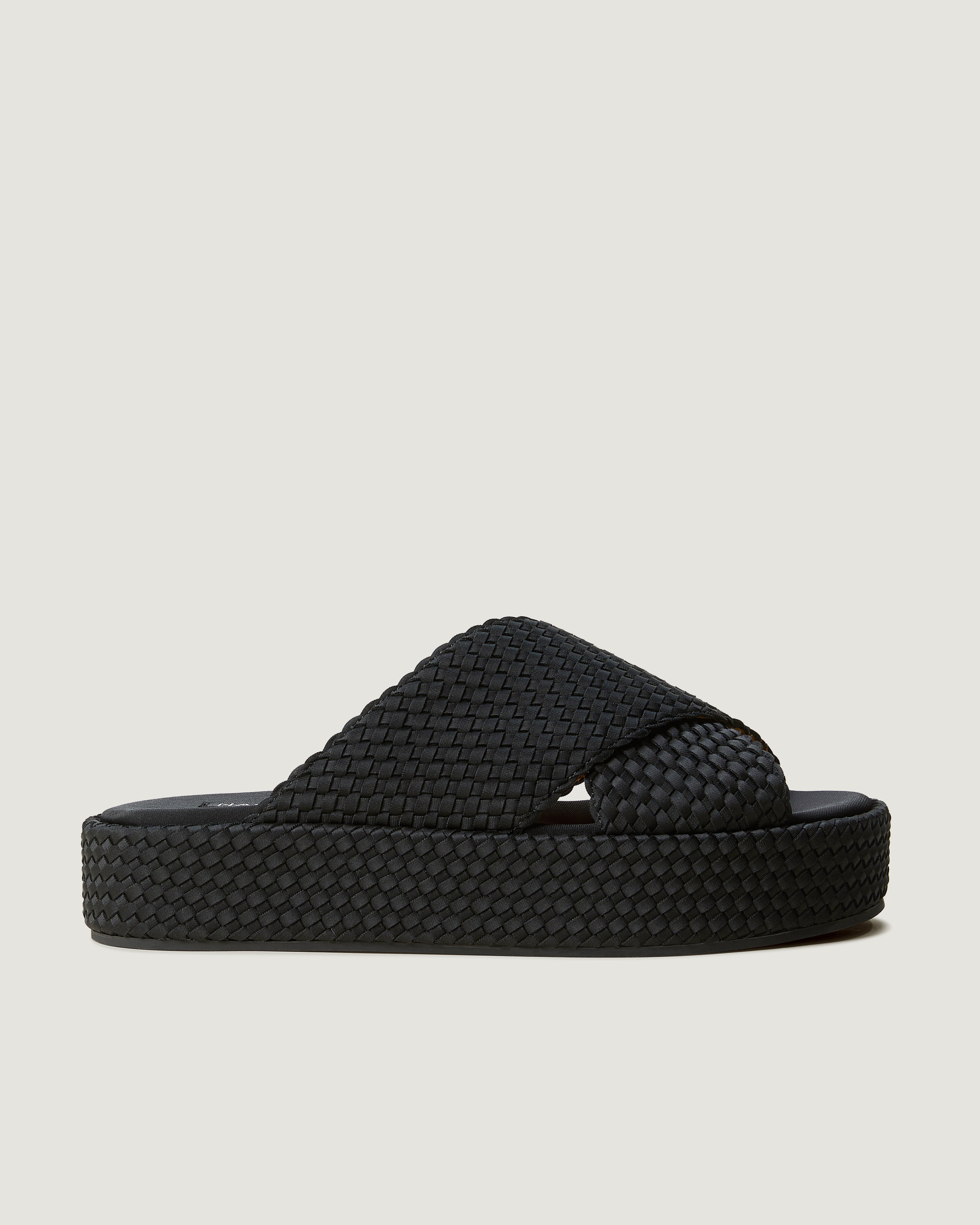 Side view of The Laguna Platform in Onyx, a true black tone, featuring an open toe and round silhouette.