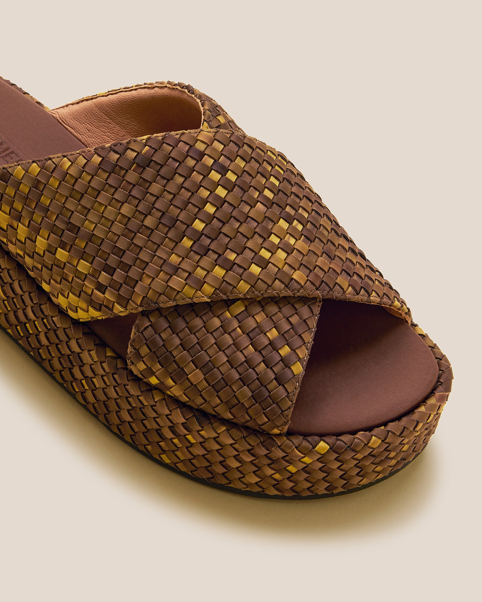 Close-up of Laguna Watercolor Platform Sandal in Tortoiseshell showing its open toe and round silhouette.
